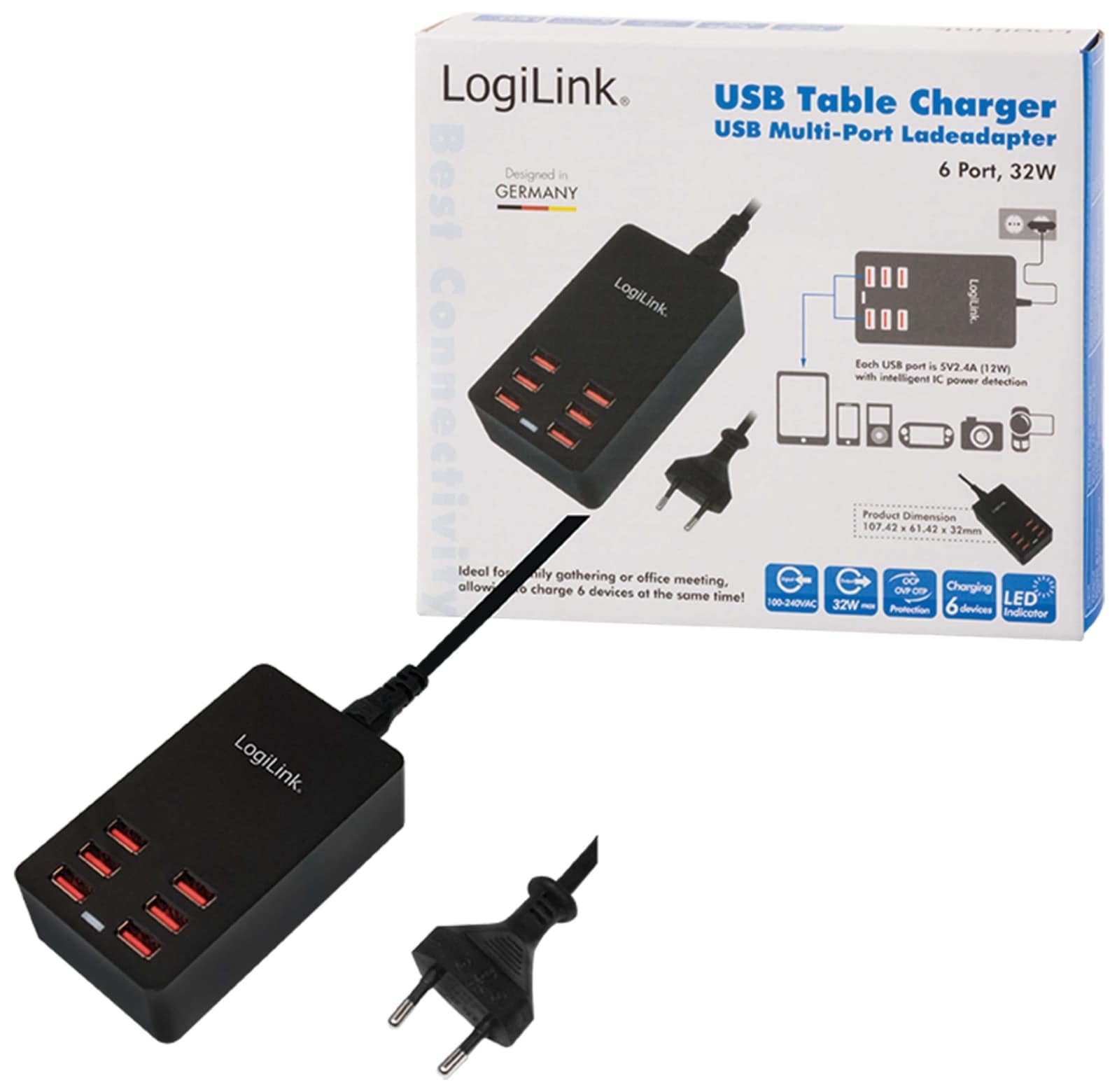 LOGILINK USB-Lader, PA0139, 6-fach, 32W, Tischgerät