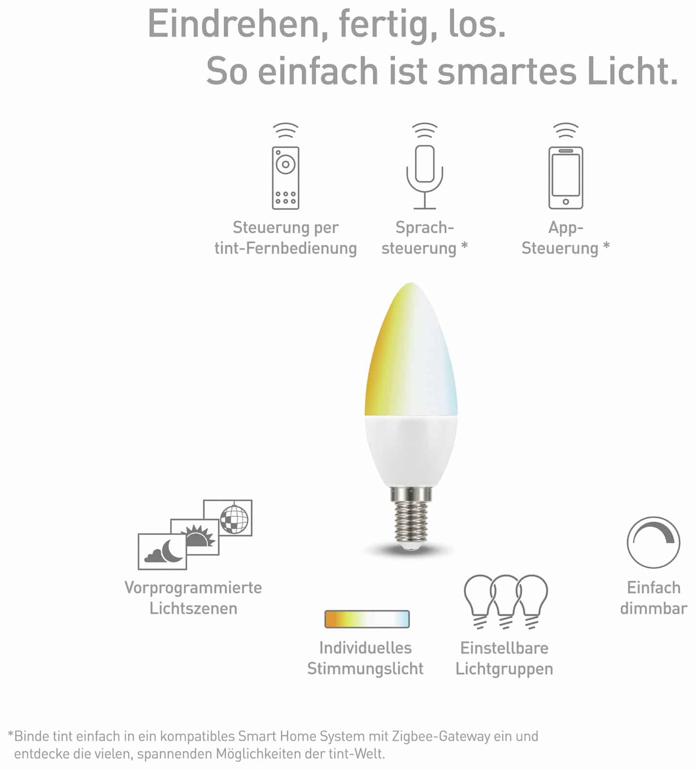 TINT LED-Lampe MüLLER LICHT E14, 6 W, 470 lm, EEK G, Kerze, WW/NW