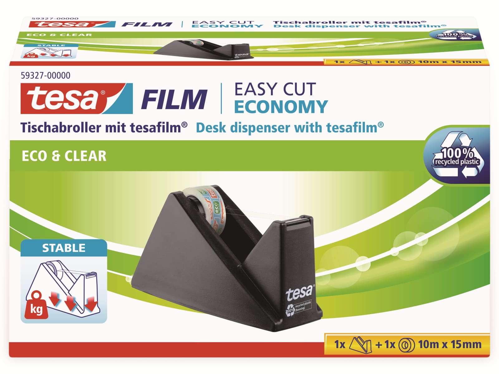TESA film® Sparpack Abroller + film® eco&clear, 1 Rolle 10m:15mm, 59327-00000-02