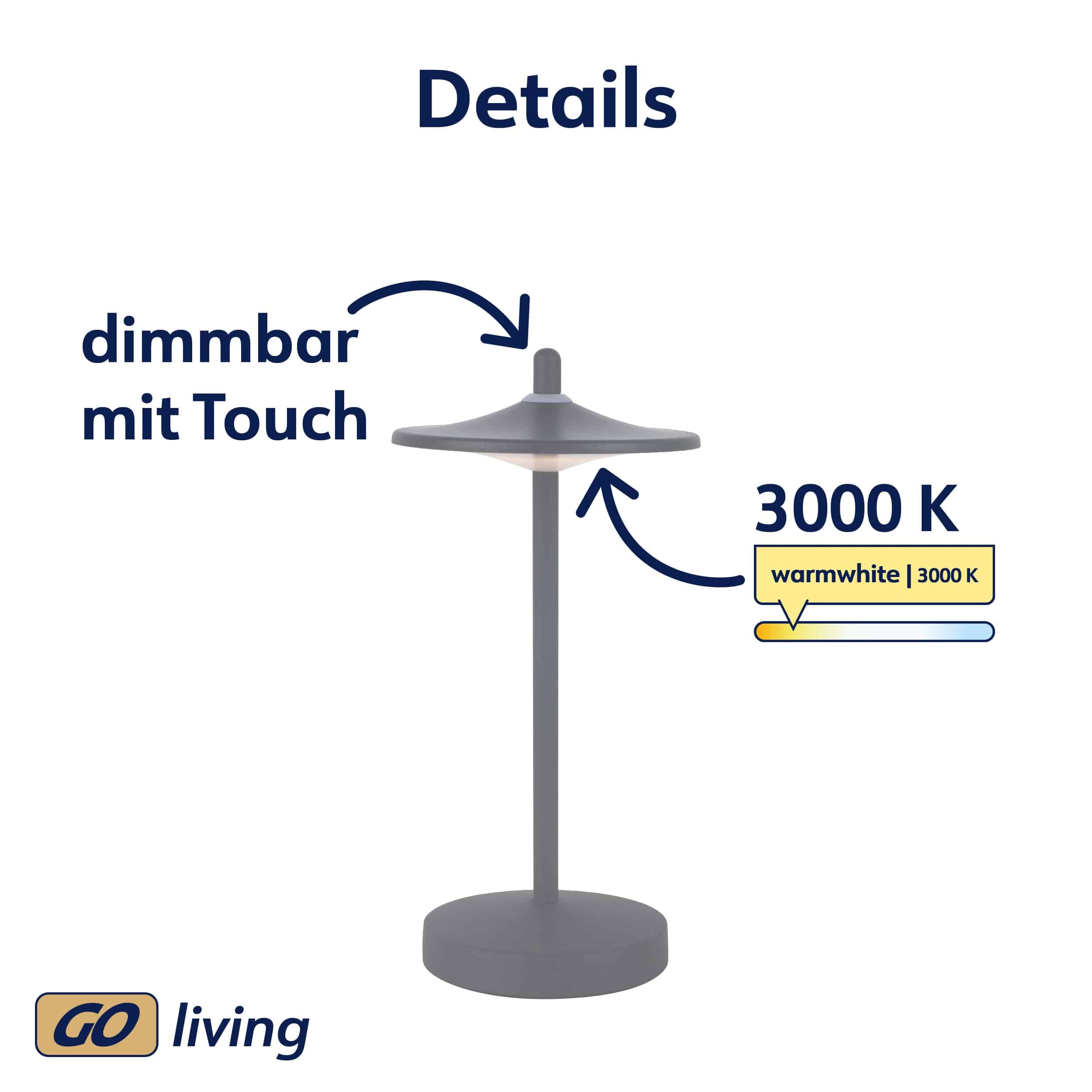 MÜLLER-LICHT LED-Akku-Tischleuchte 27700202, dimmbar, 3000K, warmweiß, grau