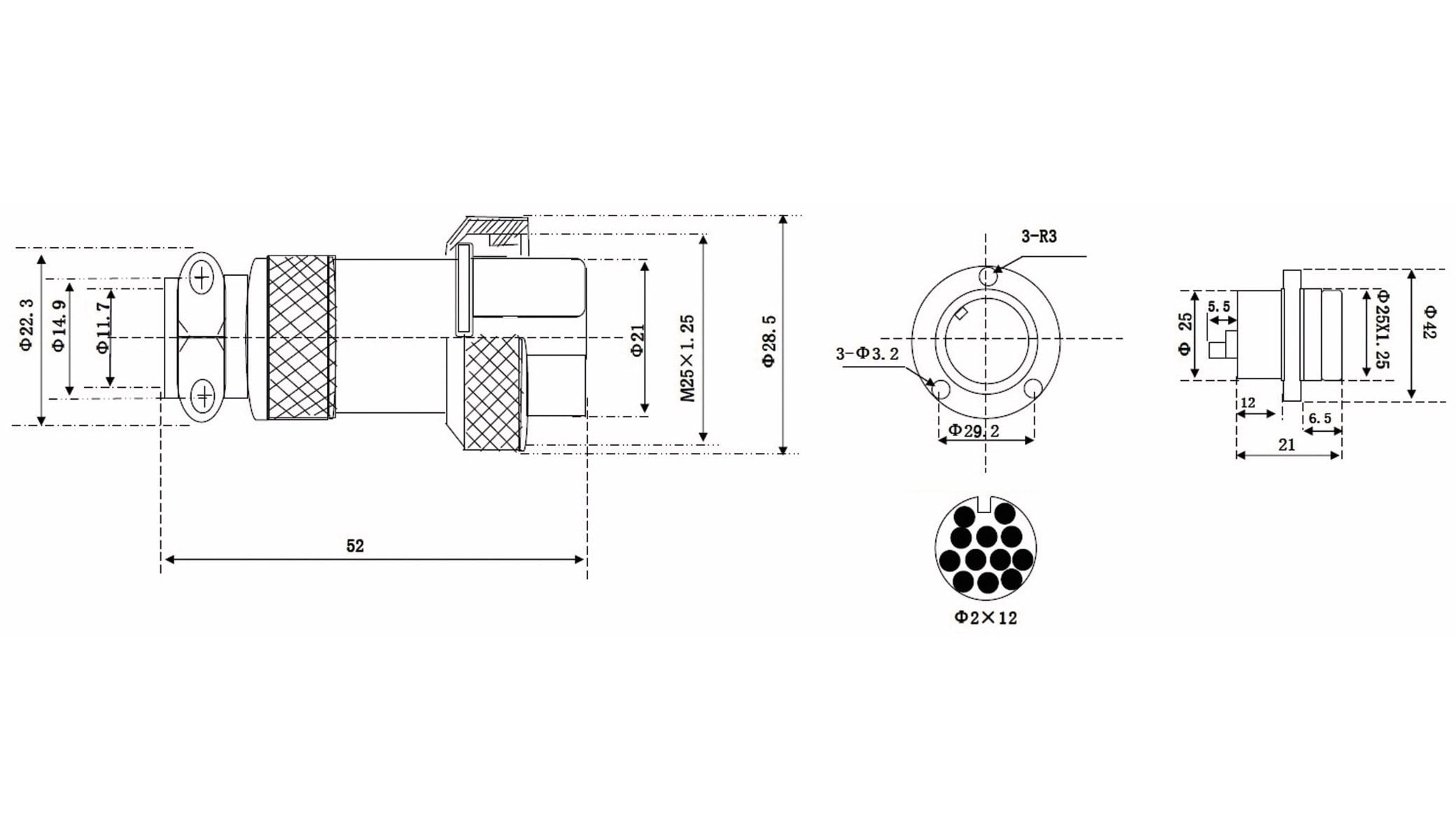 Hochstrom Einbaustecker-Set, 12-polig, Ø 25 mm, mit Abdeckkappe
