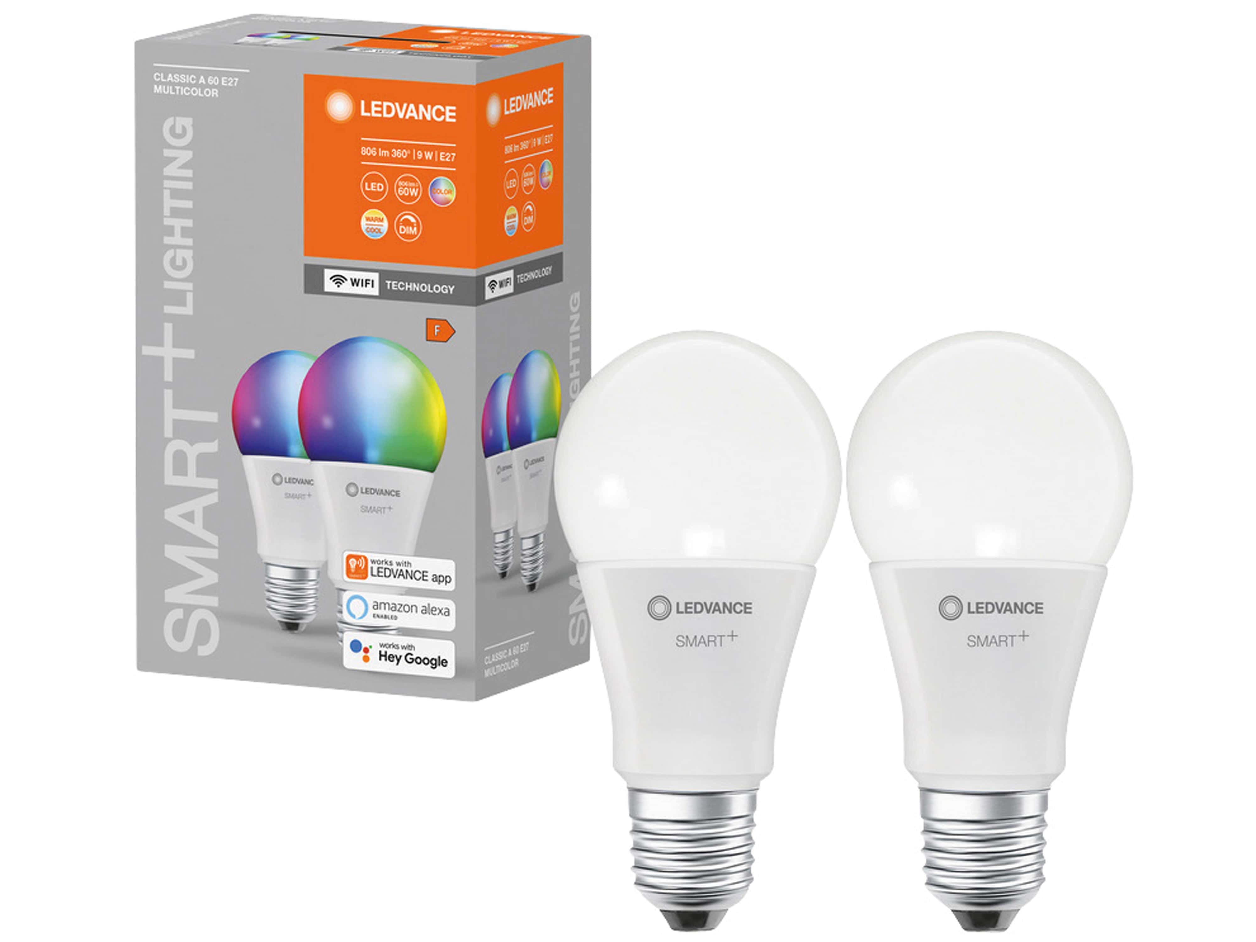 LEDVANCE LED-Lampe SMART+ WiFi Classic, A60, E27, EEK: F, 9 W, 806 lm, 2700…6500 K+RGB, Smart, 2 St