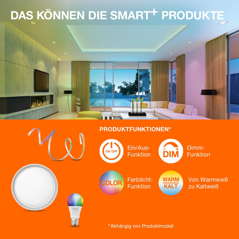LEDVANCE LED-Lampe SMART+ WiFi Classic, A60, E27, EEK: F, 9 W, 806 lm, 2700…6500 K, Smart, 3 Stück