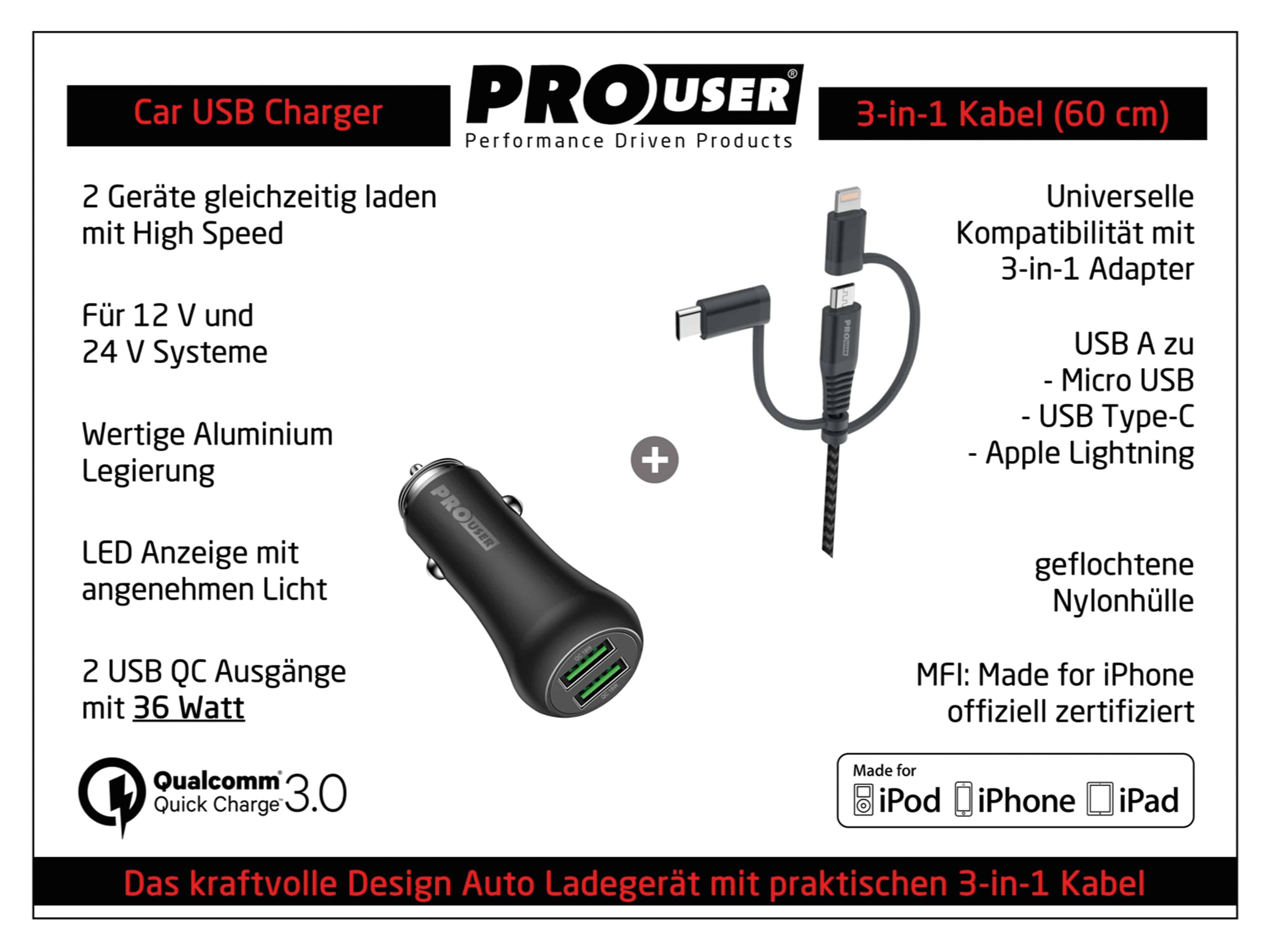 PROUSER Dual KFZ USB-Lader-Set 20173, 36 W, 3in1 USB-Kabel, schwarz