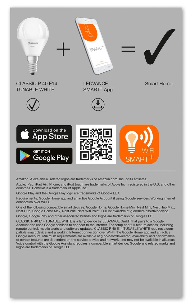 LEDVANCE LED-Lampe SMART+ WiFi Mini bulb, P46, E14, EEK: F, 4,9 W, 470 lm, 2700…6500 K, Smart, 3 St.