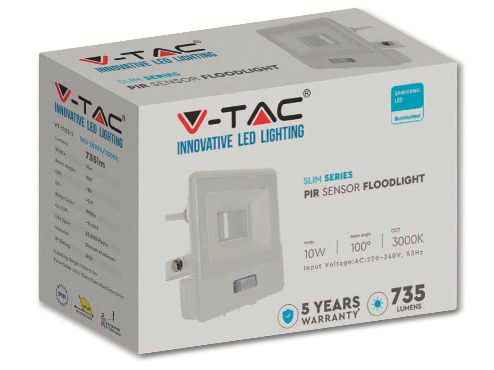 V-TAC LED-Fluter, Bewegungsmelder VT-118S-1 (20294) EEK: F, 10W, 735 lm, 6500K, weiß