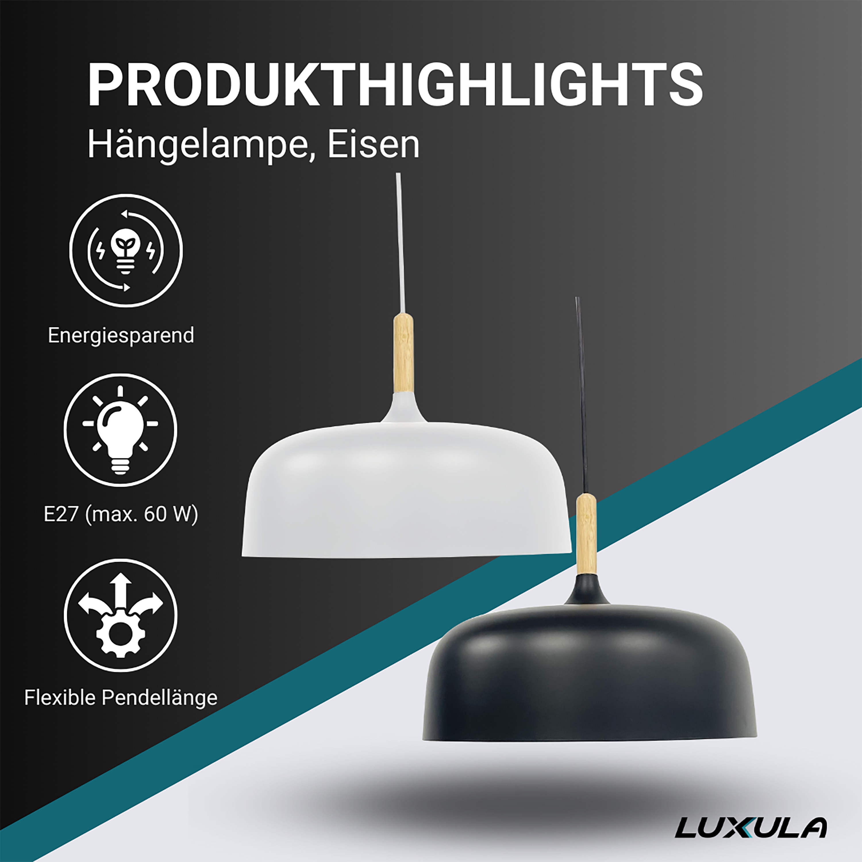 LUXULA LED-Hängeleuchte LX700174, E27-Fassung, IP20, Ø30 cm, schwarz, rund