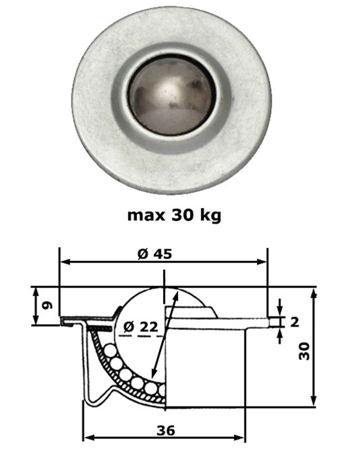 Kugelrolle, 45x30 mm, 30 kg, Stahl