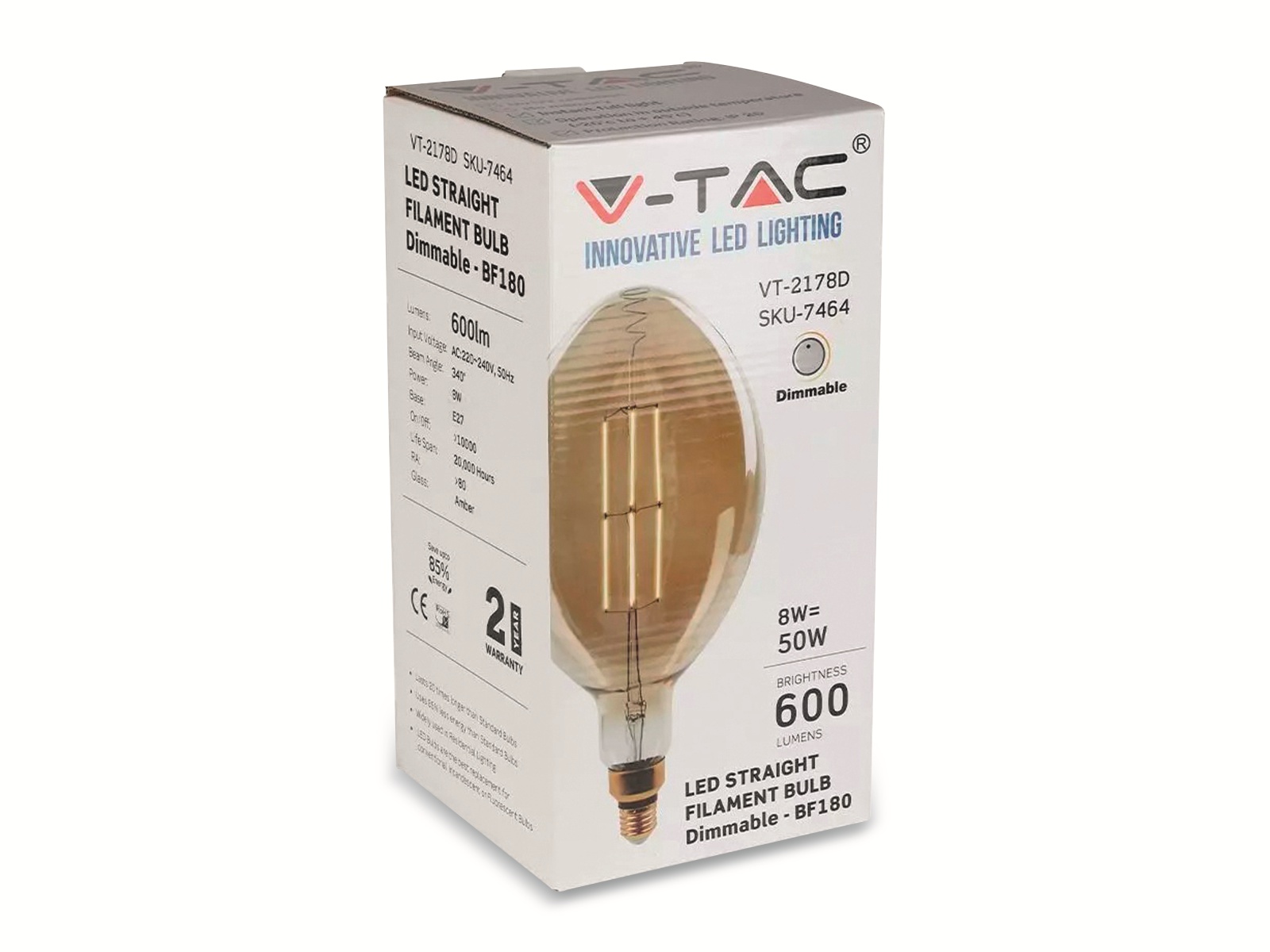 V-TAC LED-Deko Lampe Amber, VT-2178D, E27, EEK: G, 8 W, 600 lm, 2000 K, dimmbar