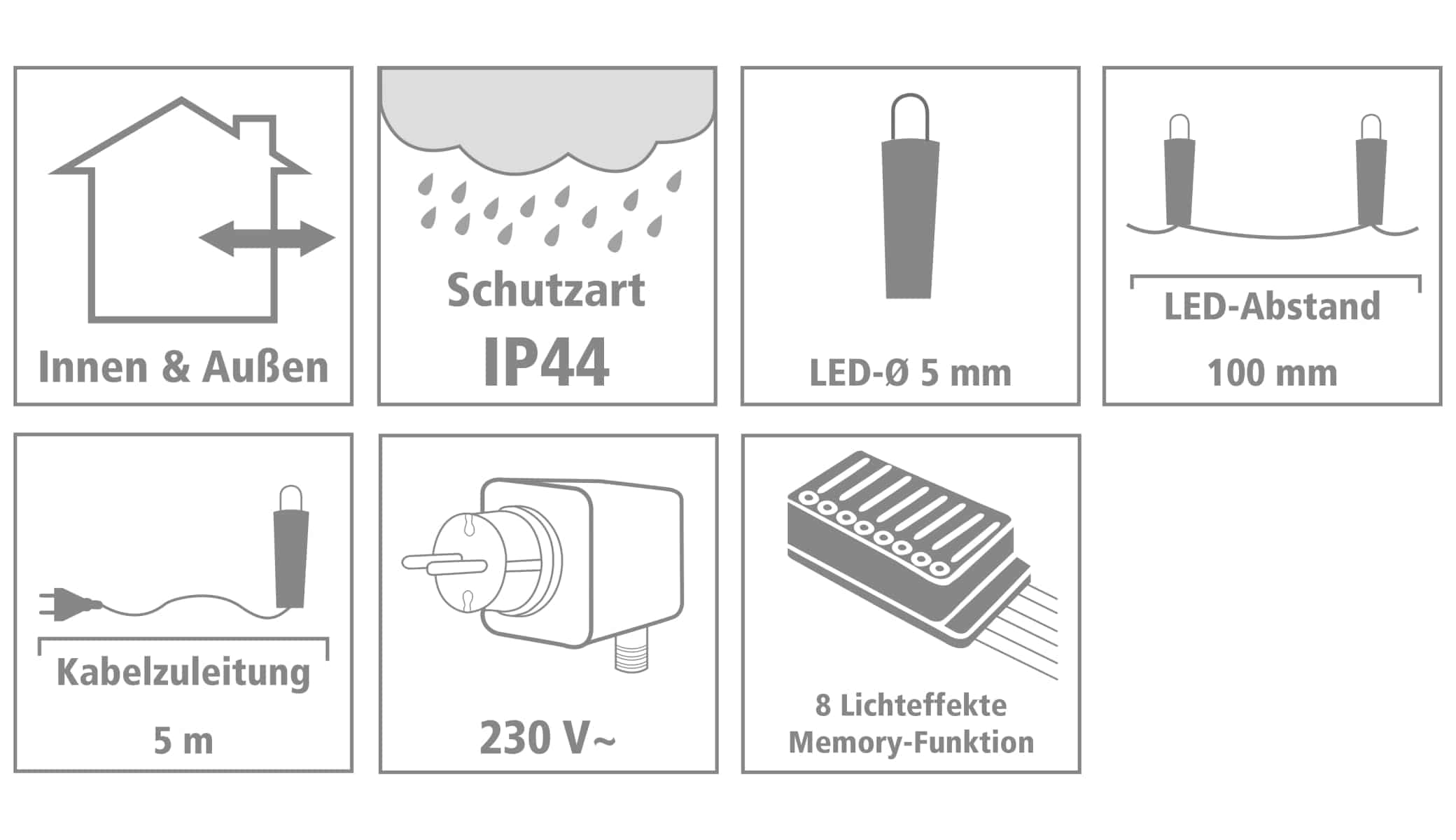 LED-Lichterkette, 320 LEDs, kaltweiß, 230V~, IP44, 8 Funktionen, Memory