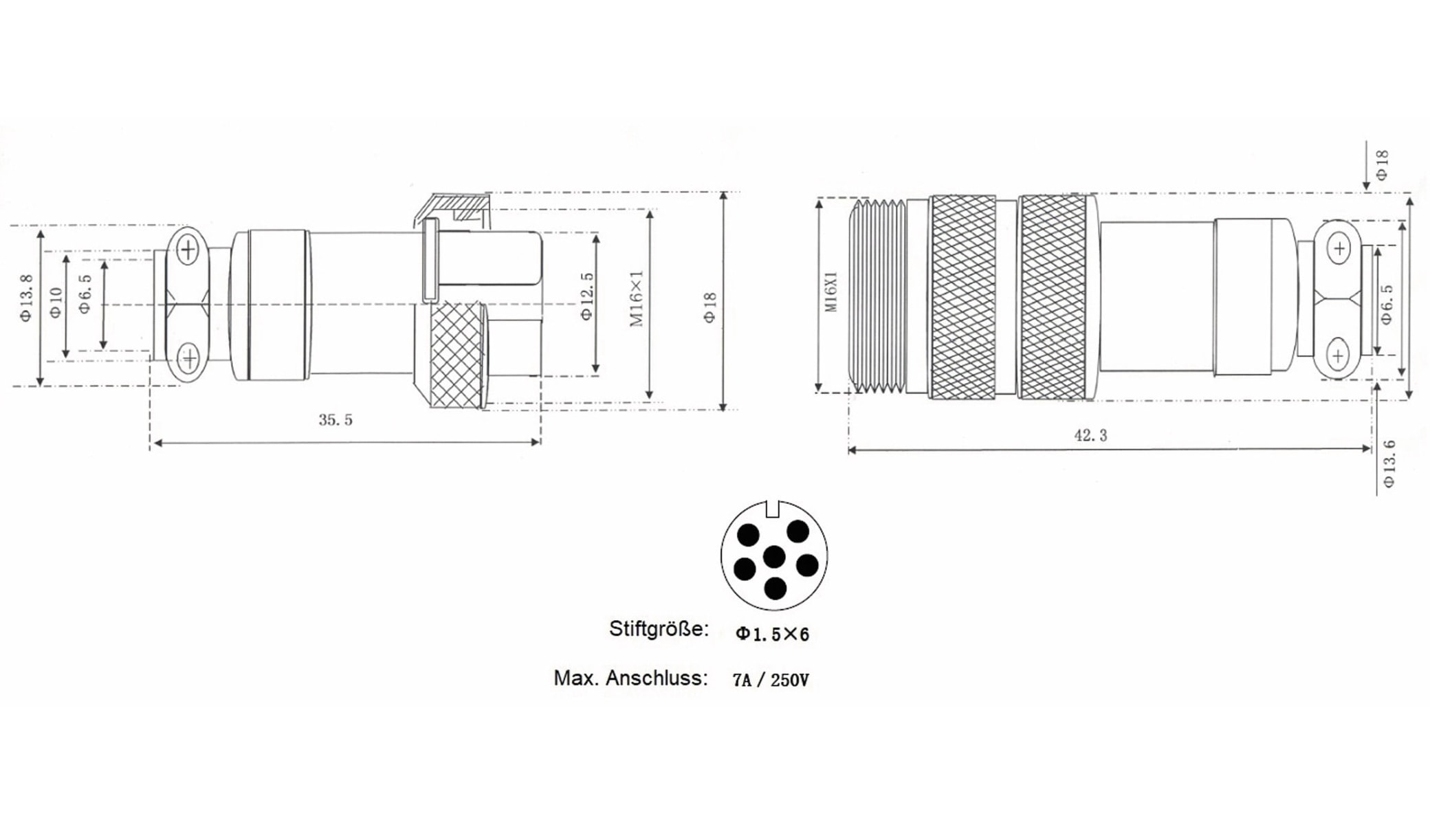 Hochstrom Steckverbinder-Set, 6-polig, Ø 16 mm, Schraubverschluss