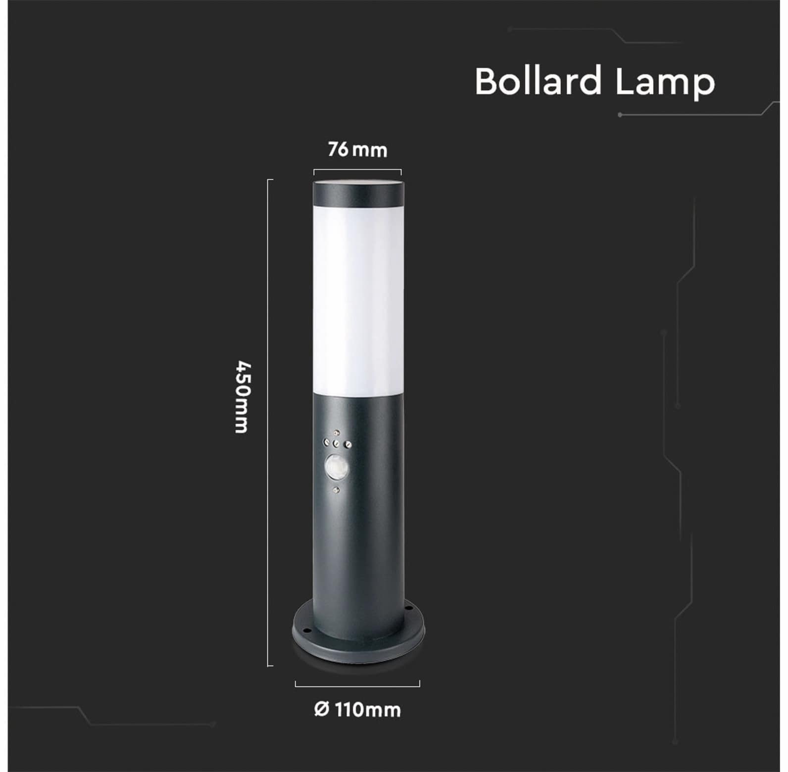 V-TAC Poller-Außenleuchte VT-838, IP44, E27, PIR-Sensor, Edelstahl, 450mm, VT-8965, grau