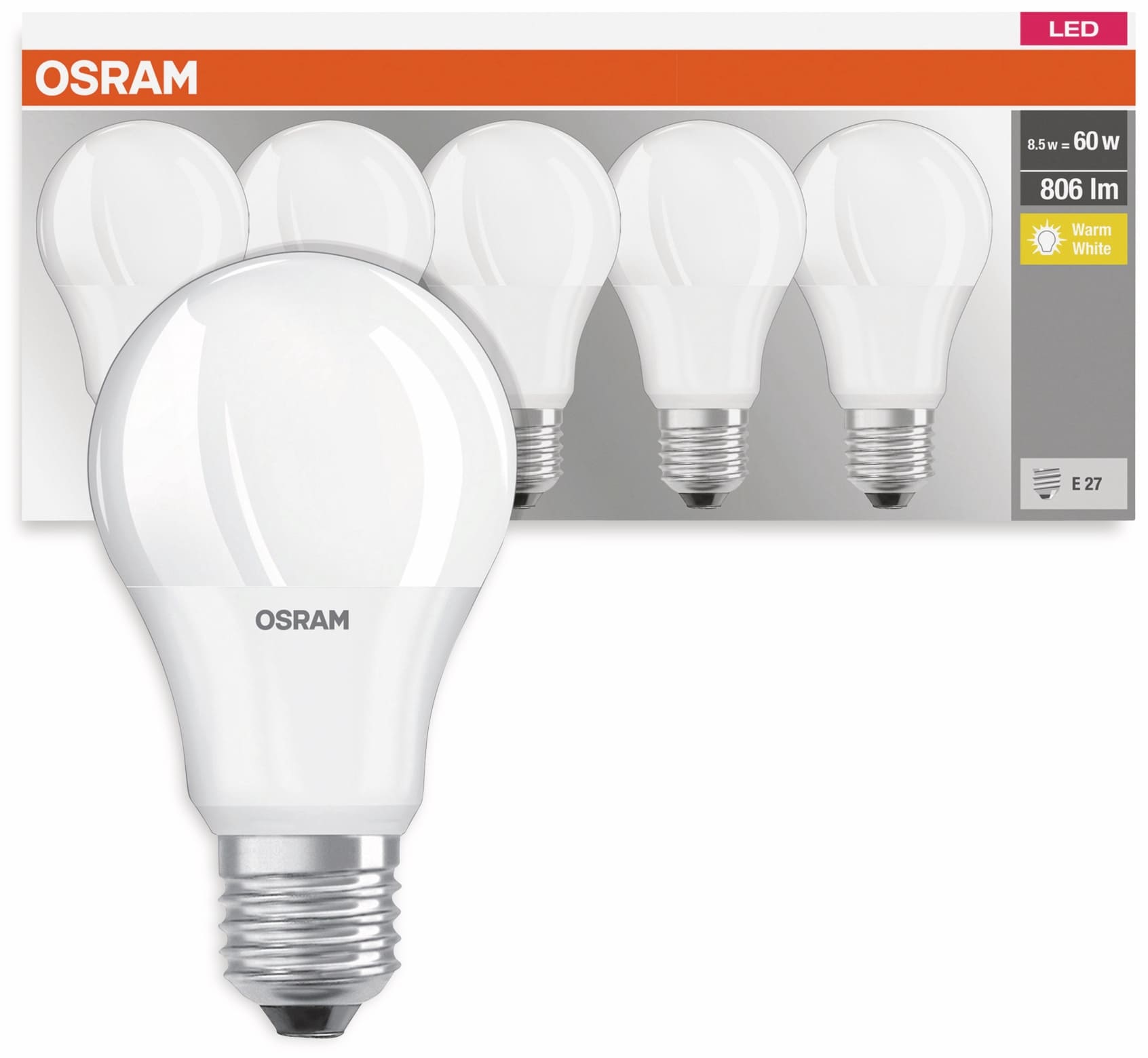 OSRAM LED-Lampe, EEK: F, E27, 8,5 W, 806 lm, 2700 K, 5er Set