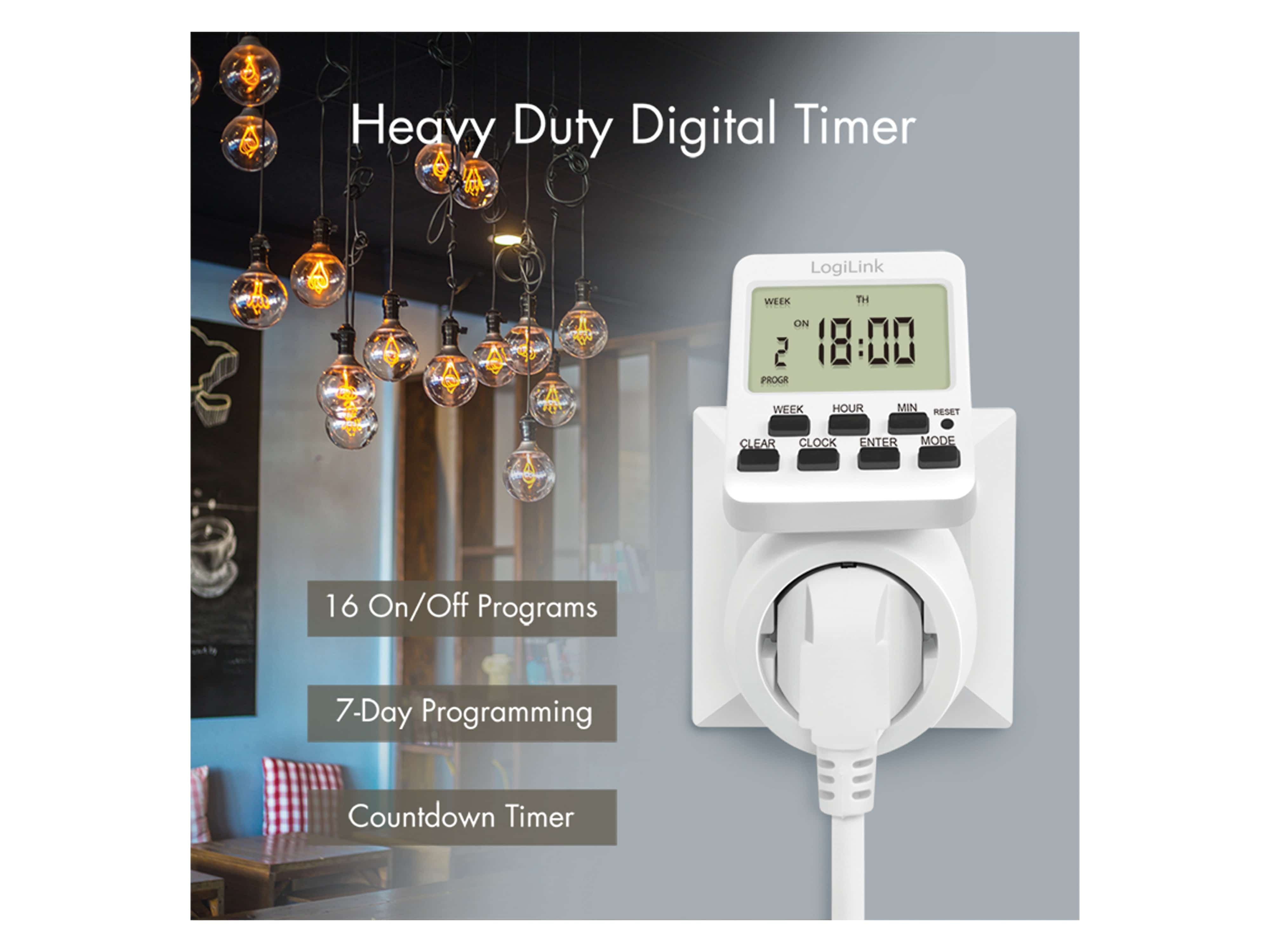 LOGILINK Digitale Zeitschaltuhr ET0014, mit 180° drehbarem Display, weiß 