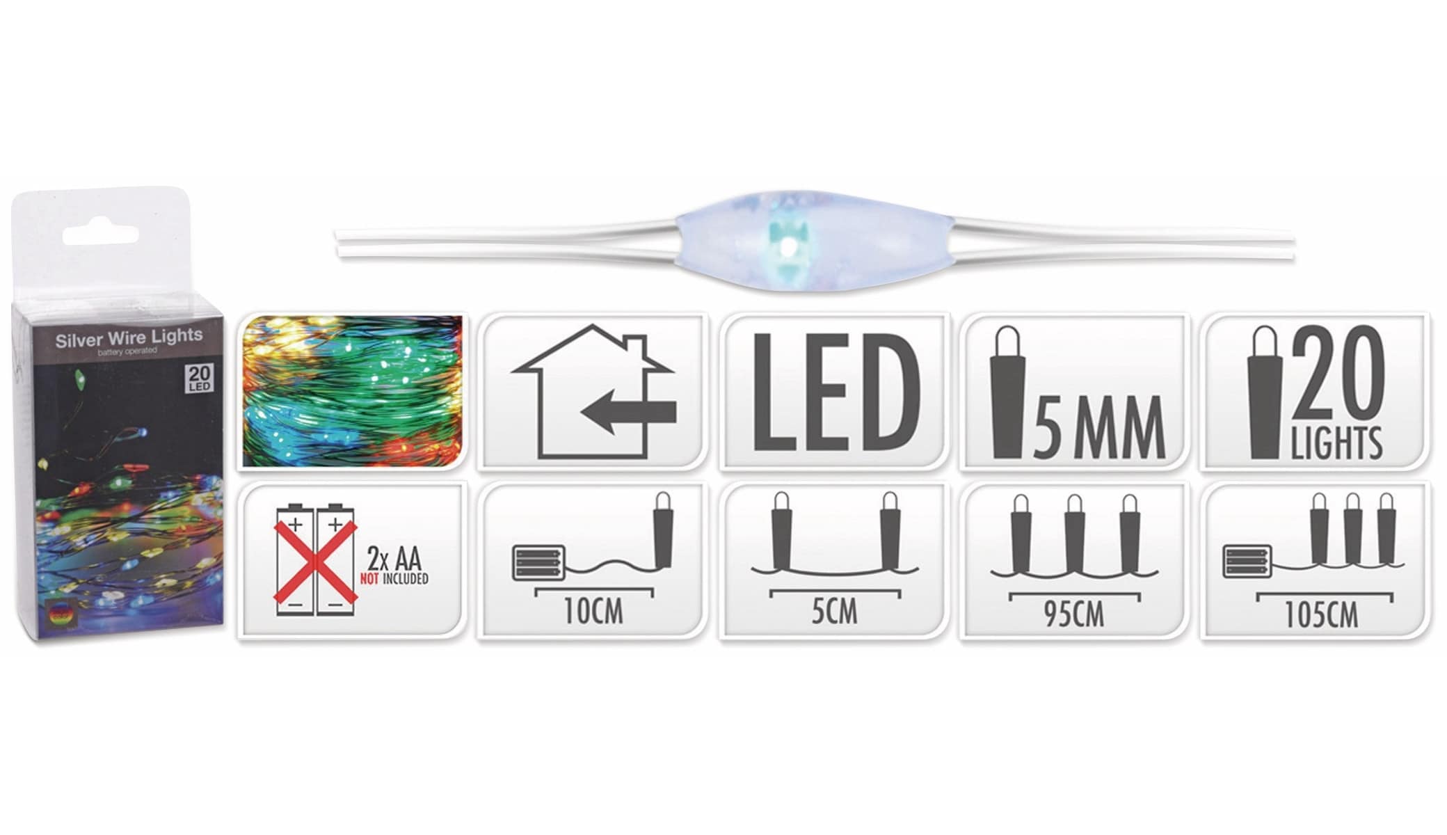 LED-Lichterkette, Silberdraht, 20 LEDs, bunt, Batteriebetrieb