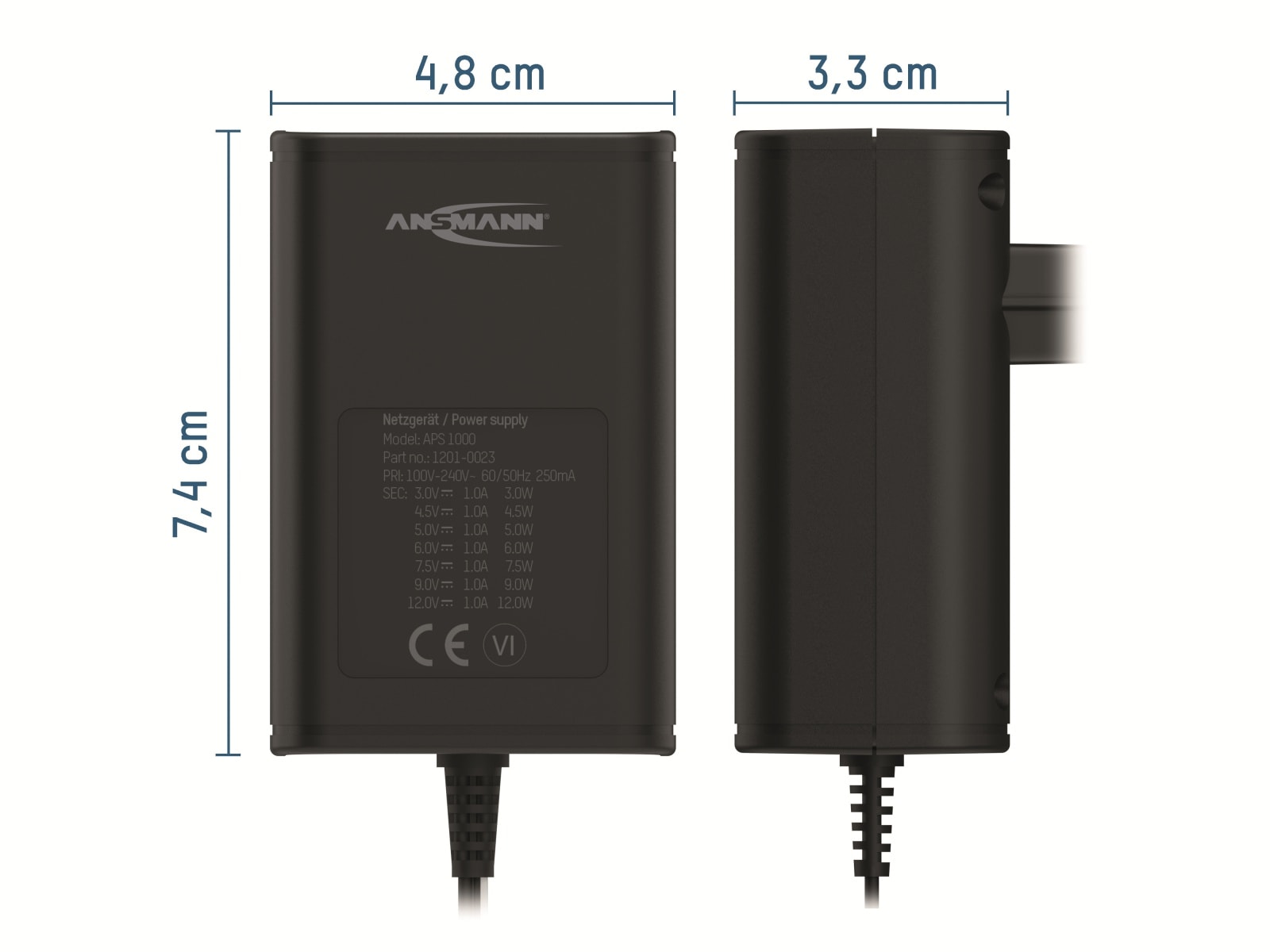 ANSMANN Universal-Netzteil APS 1000, 12W, Ladestrom max. 1A, 3-12V-