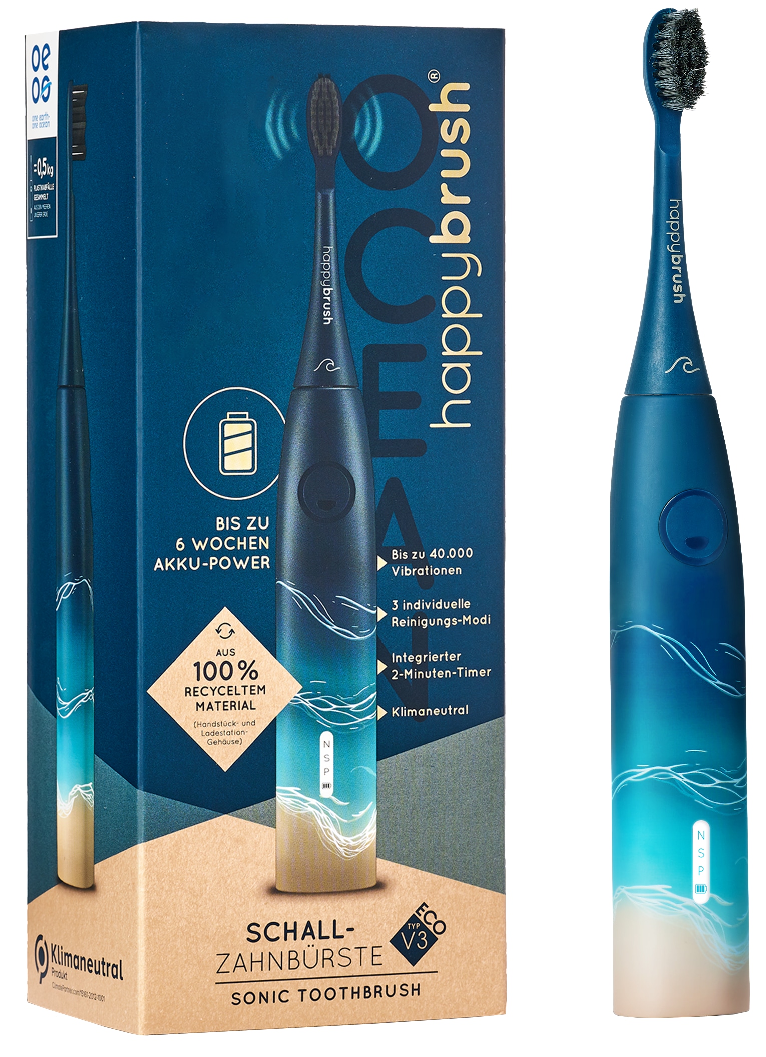 HAPPYBRUSH Elektrische Zahnbürste ECO VIBE 3, Starterkit Ocean