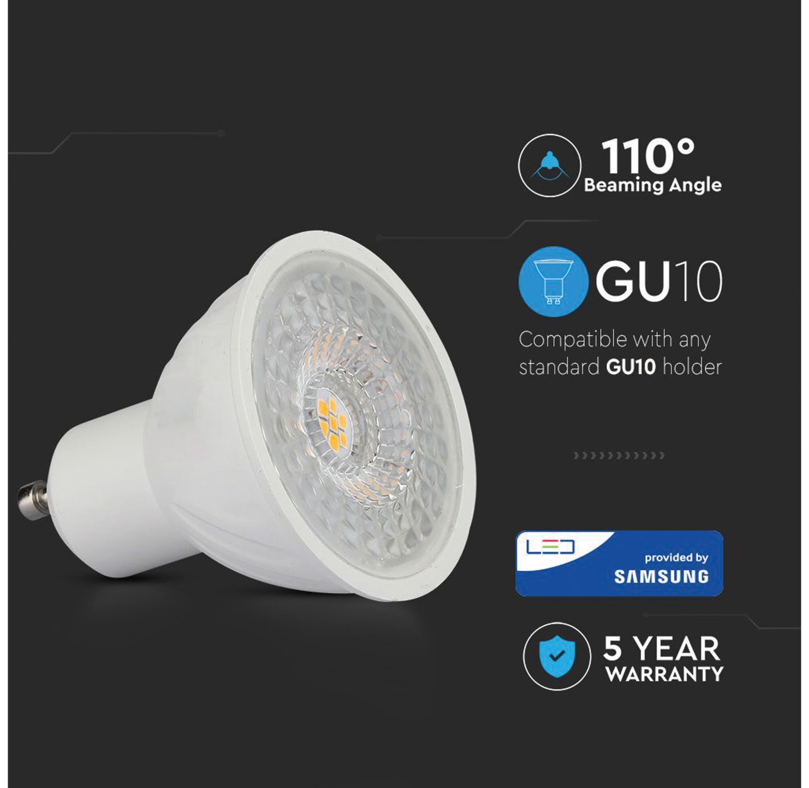 V-TAC LED-Lampe VT-247 (192), GU10, EEK: G, 6,5 W, 480 lm, 3000 K, 10 Stück