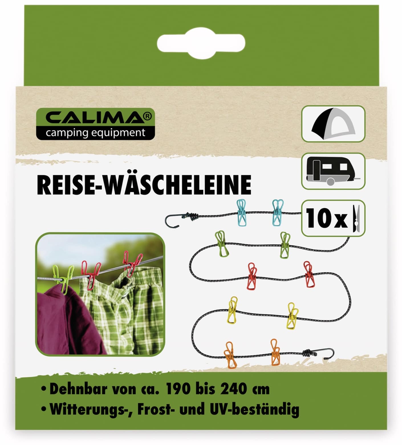 CALIMA CAMPING EQUIPMENT Reise Wäscheleine mit 10 Klammern