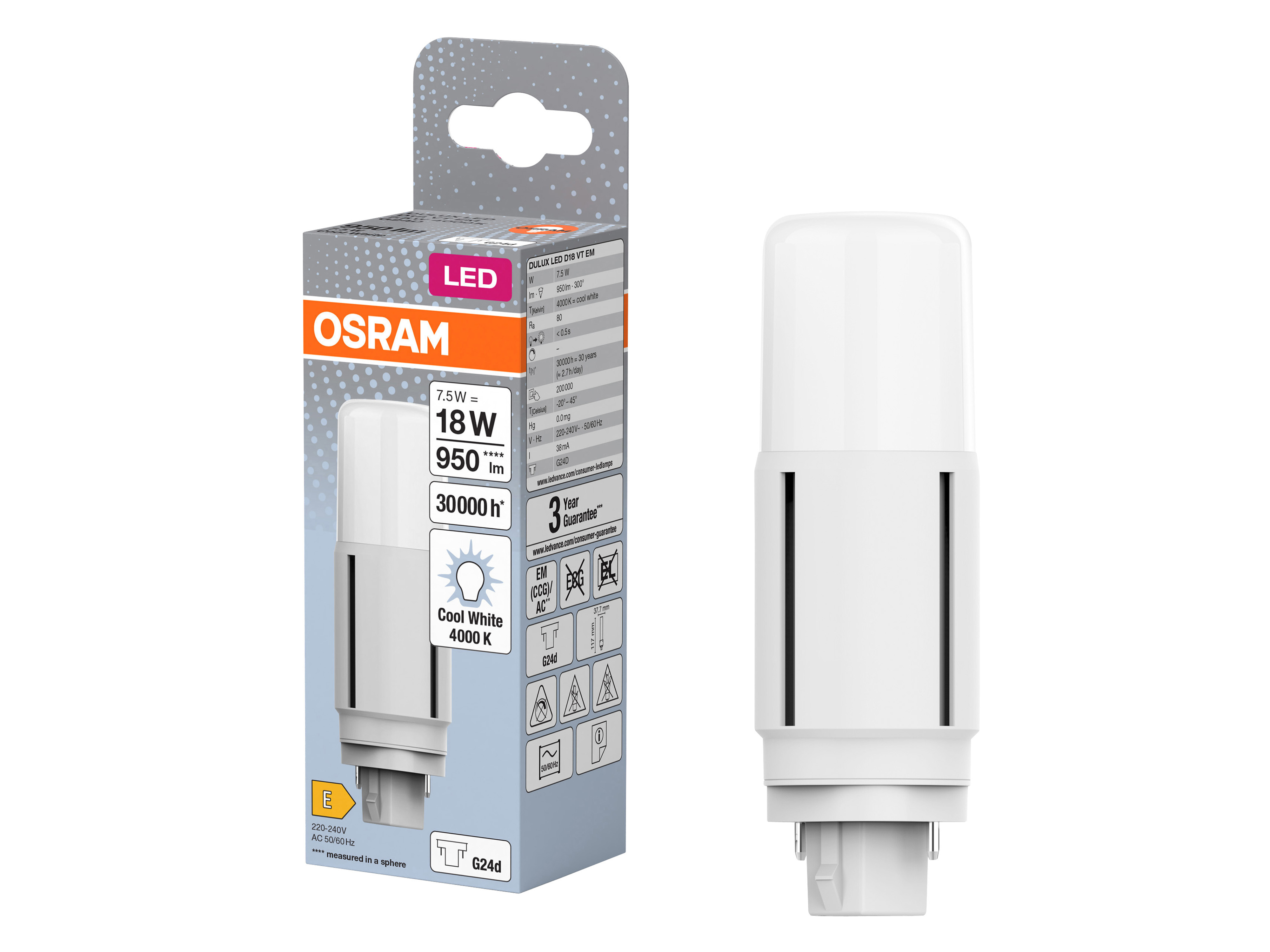 OSRAM LED-Lampe, Dulux D18, G24d, EEK: E, 7,5W, 950lm, 4000K