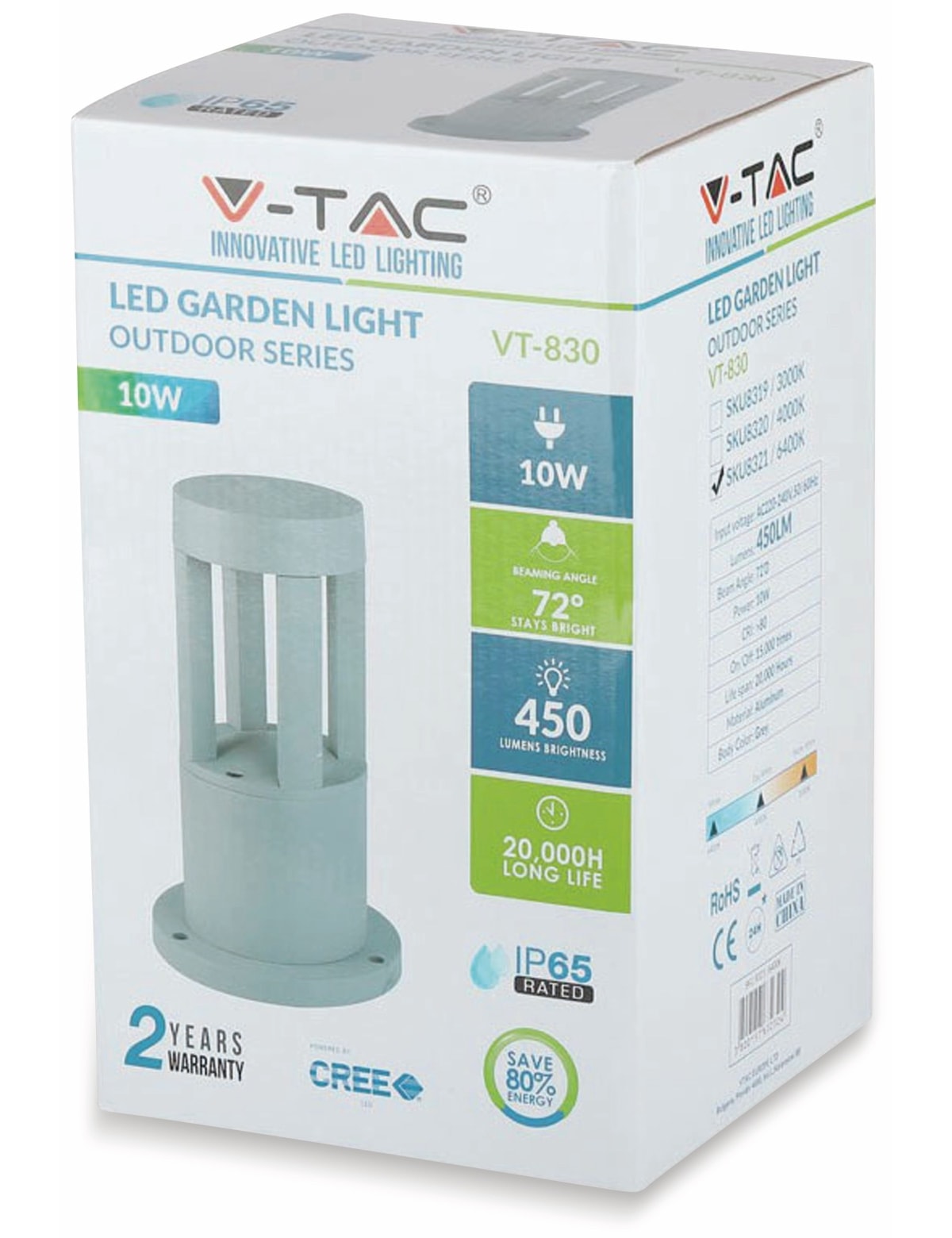 V-TAC LED-Poller-Außenleuchte VT-830, EEK: G, 10 W, 450 lm, grau, 4000k, 250 mm