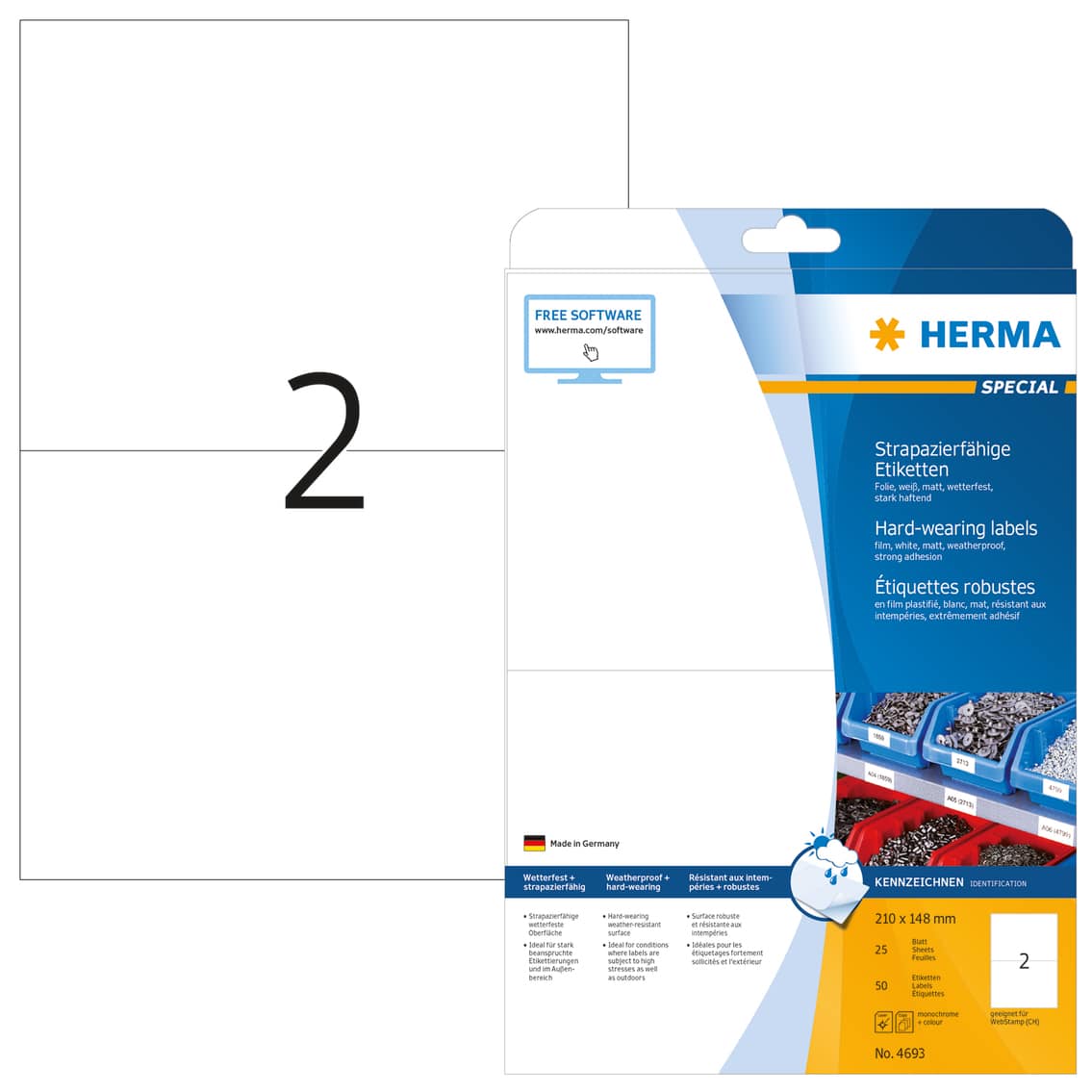 HERMA Folien-Etikett A4, strapazierfähig, weiß, 210x148 mm, 50 Stück