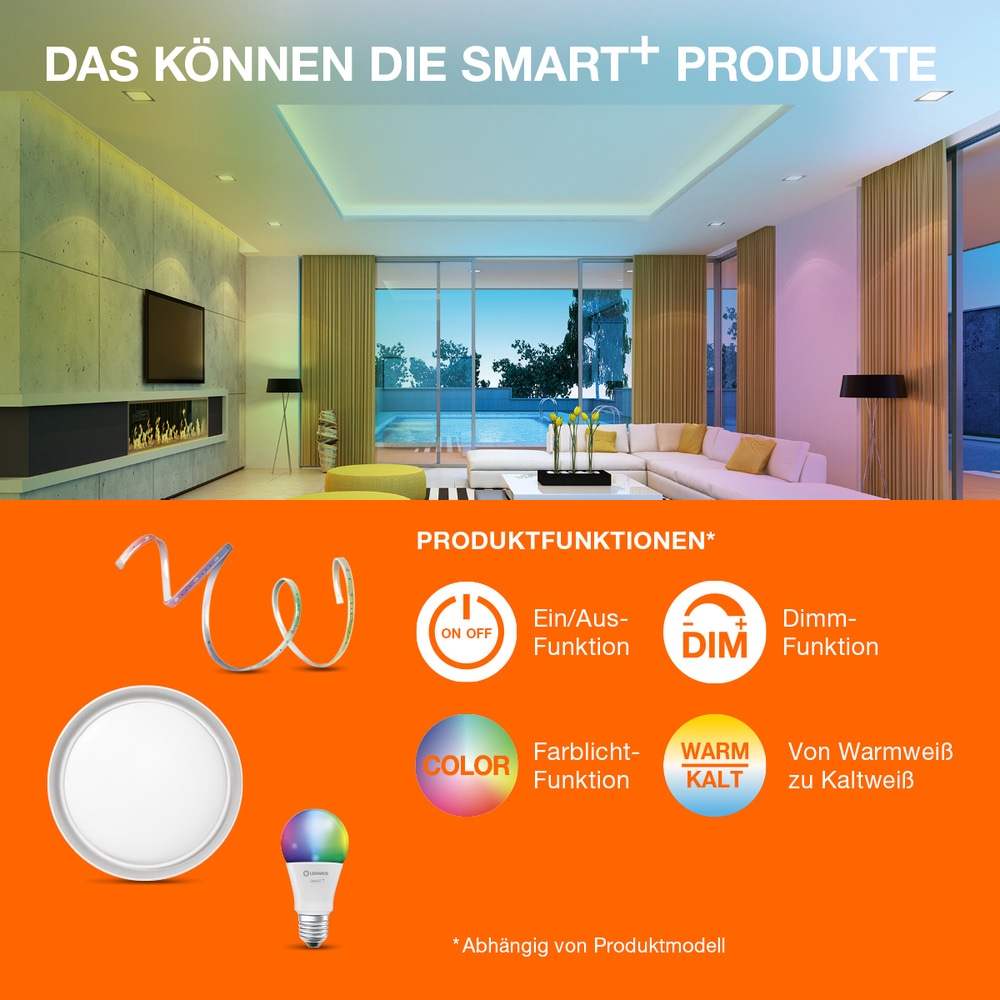 LEDVANCE LED-Lampe SMART+ WiFi Candle, B40, E14, EEK: F, 4,9 W, 470 lm, 2700 K, Smart, 3 Stück