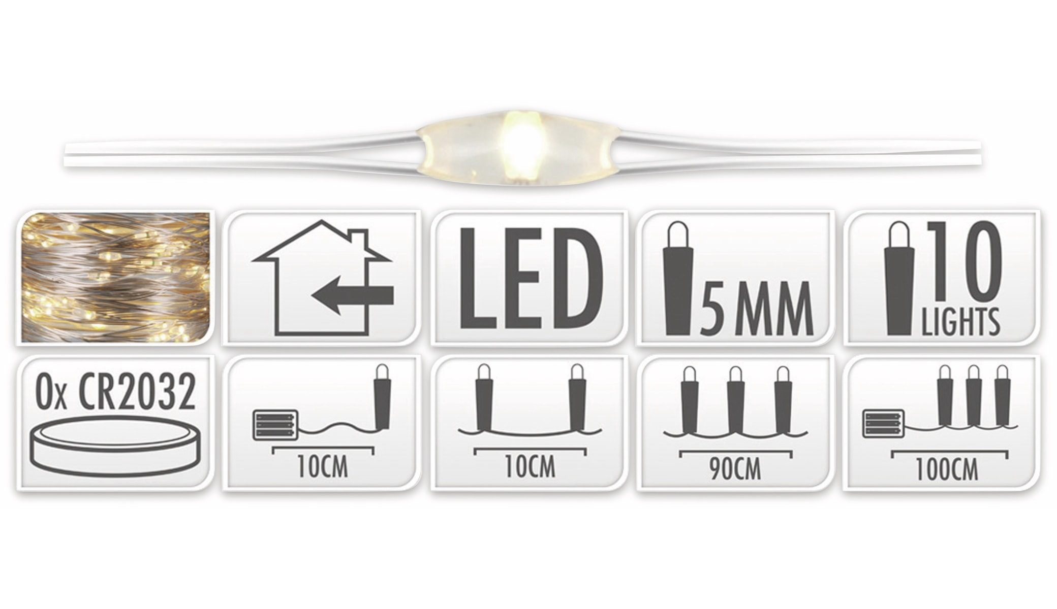 LED-Lichterkette, Silberdraht, 10 LEDs, warmweiß, Batteriebetrieb