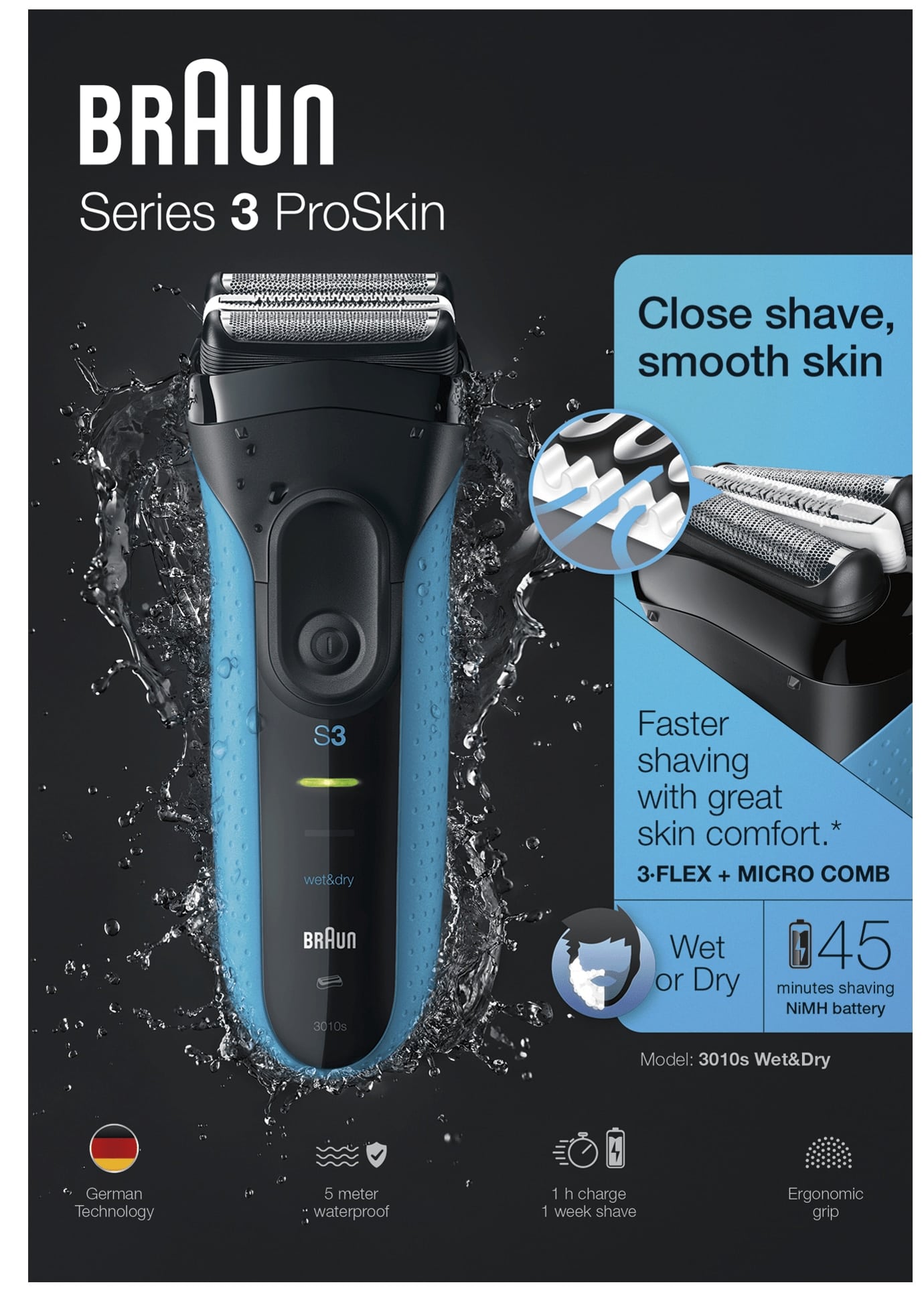 BRAUN Series 3 3010s, schwarz/blau