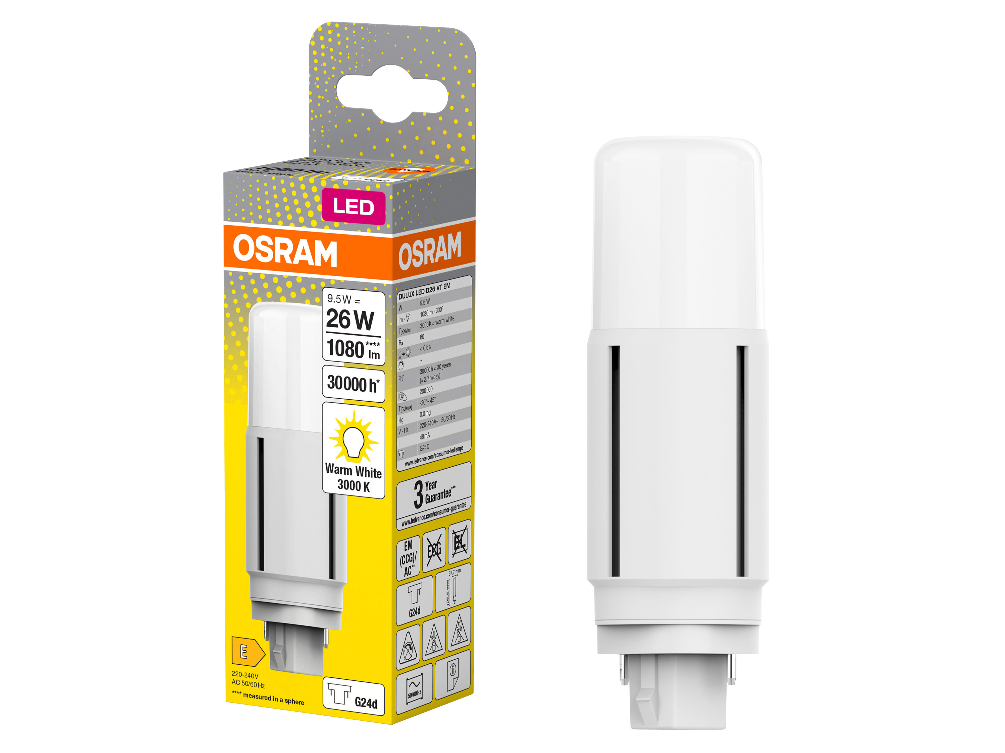 OSRAM LED-Lampe, Dulux D26, G24d, EEK: E, 9,5W, 1080lm, 3000K