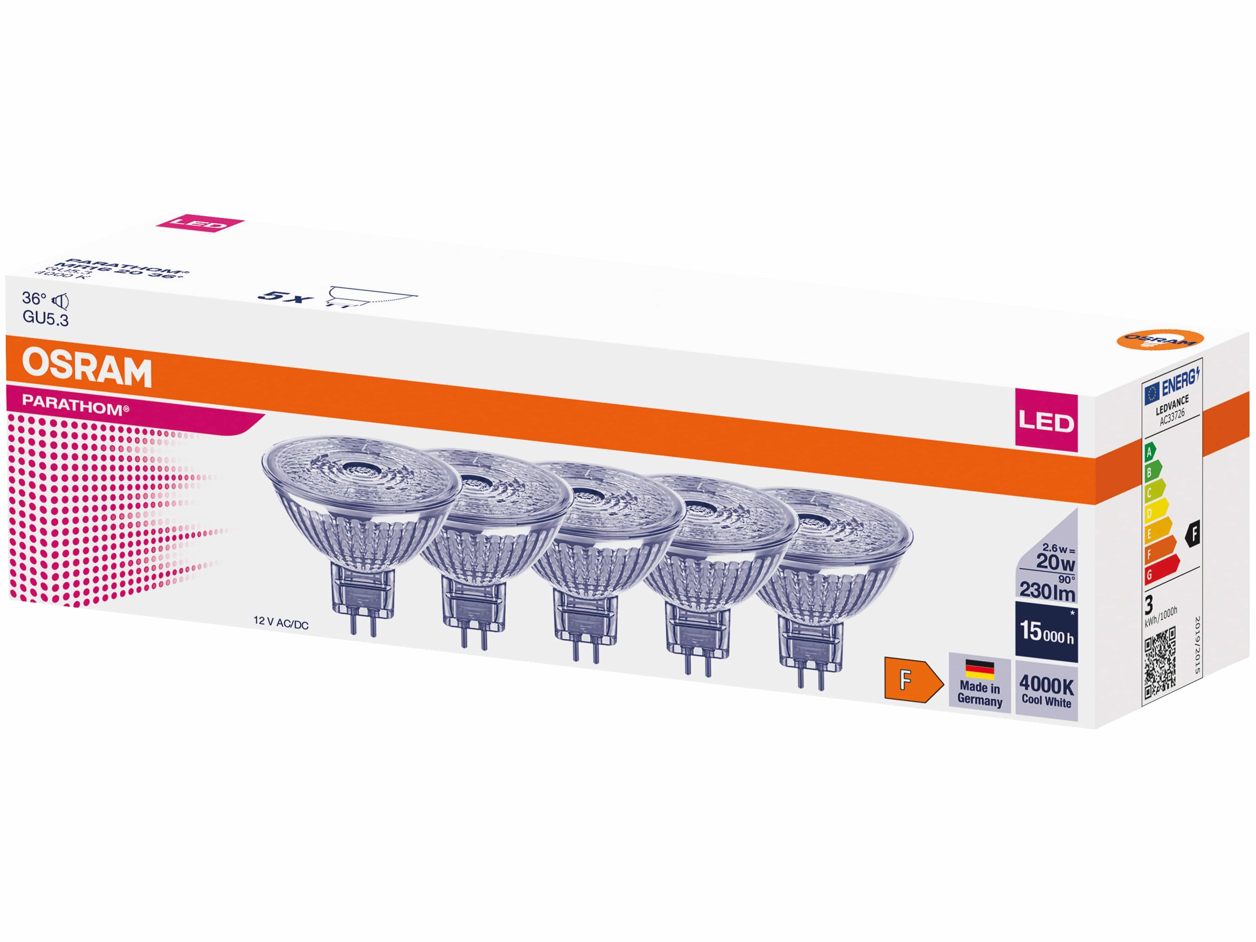 OSRAM LED-Reflektorlampe PARATHOM DIM, MR16, GU5.3, EEK: F, 2,6 W, 230 lm, 4000 K, 5 Stück