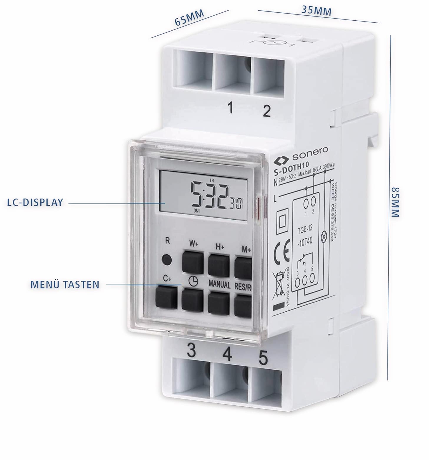 SONERO Digitale Zeitschaltuhr S-DOTH10, 3500 W, DIN-Schiene, weiß