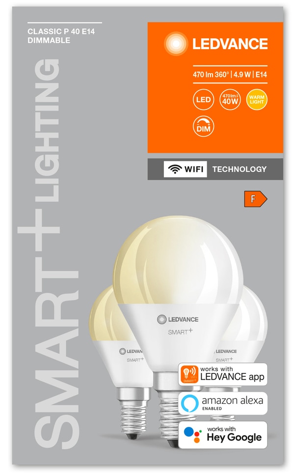 LEDVANCE LED-Lampe SMART+ WiFi Candle, B40, E14, EEK: F, 4,9 W, 470 lm, 2700 K, Smart, 3 Stück