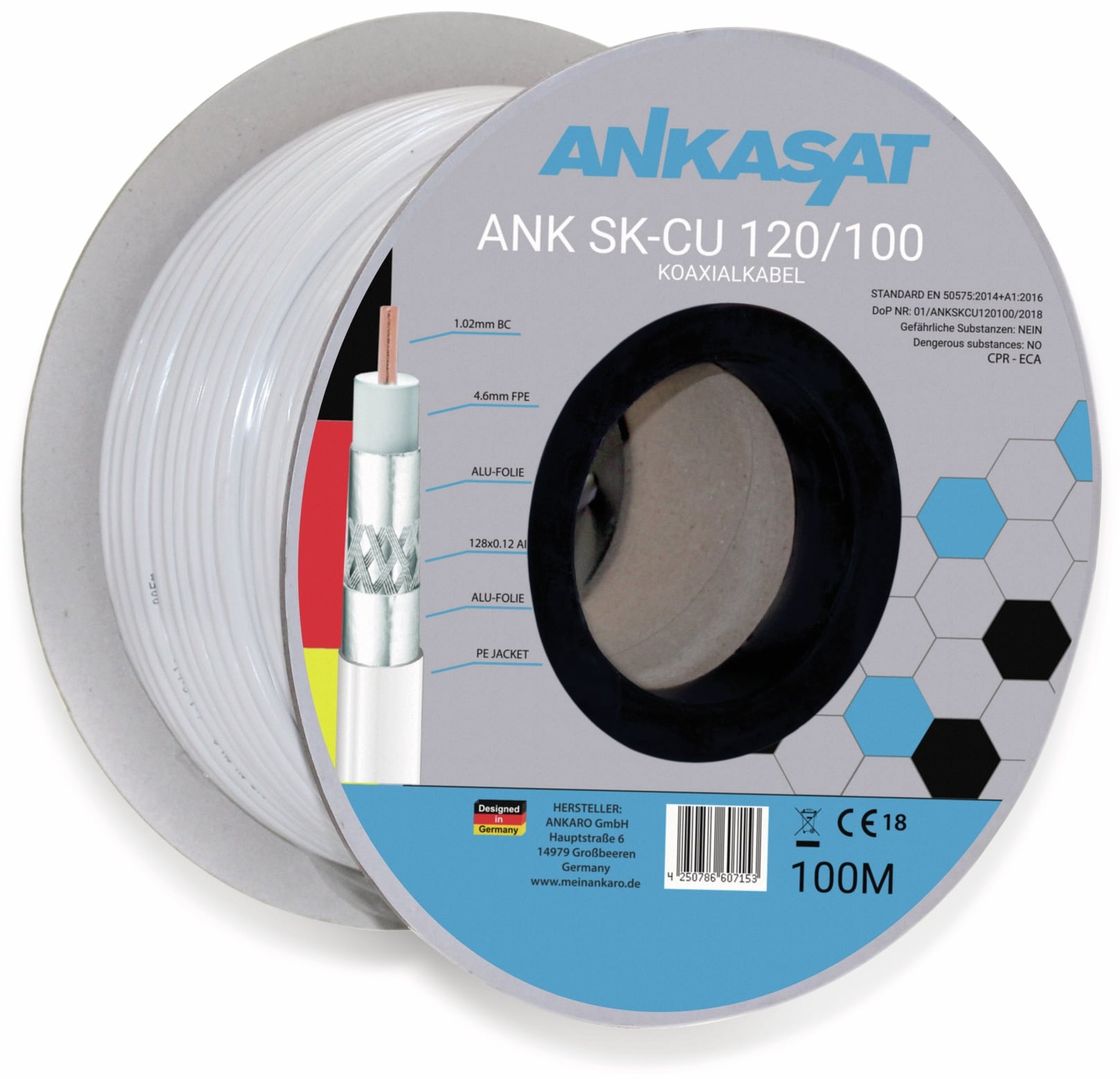 ANKASAT Koaxialkabel, 100 m, weiß, 6,8 mm, CU, 120 dB