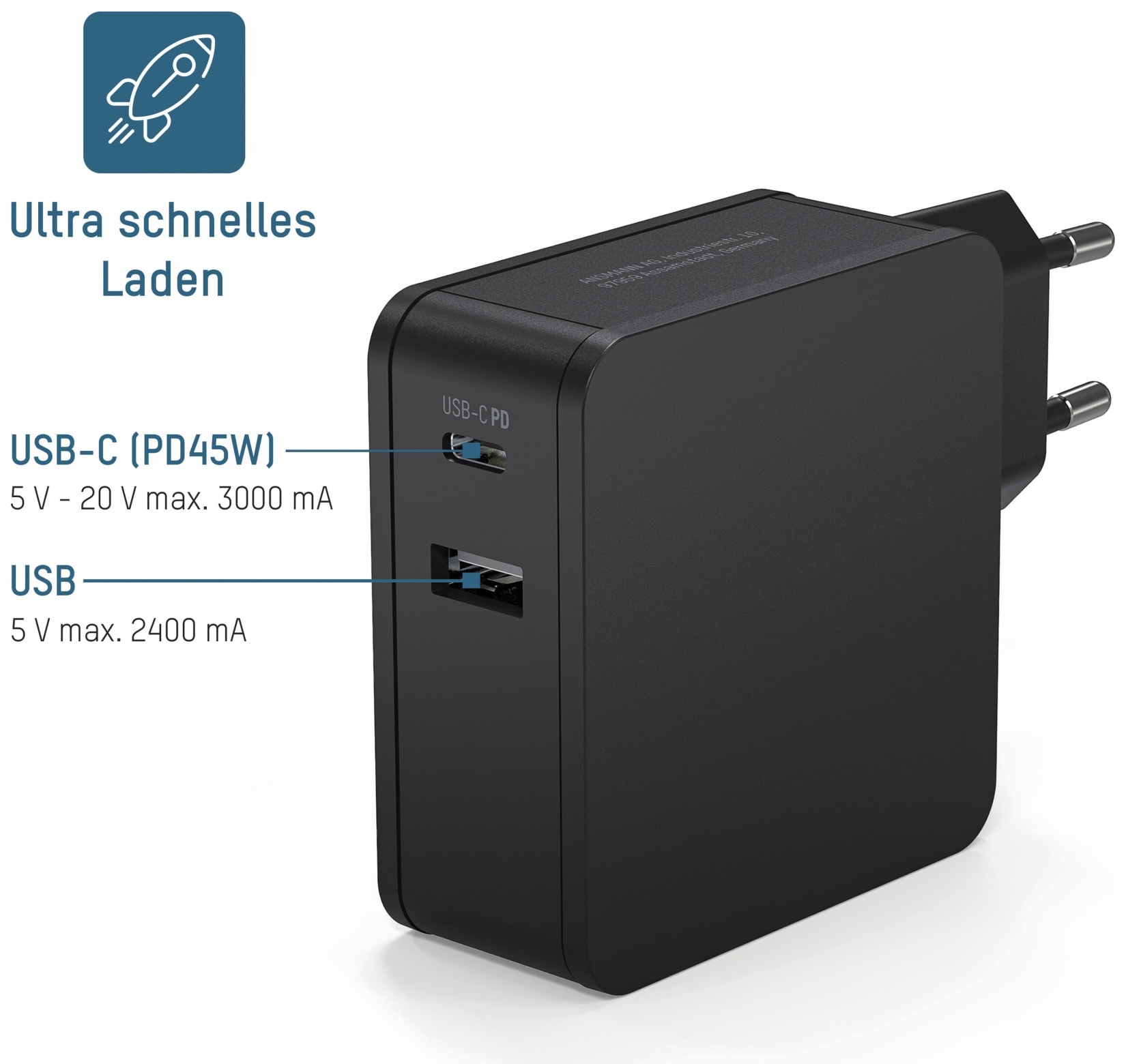 ANSMANN USB-Ladegerät 245PD, 45 W, 3 A, 1xUSB, 1xUSB-C (PD)