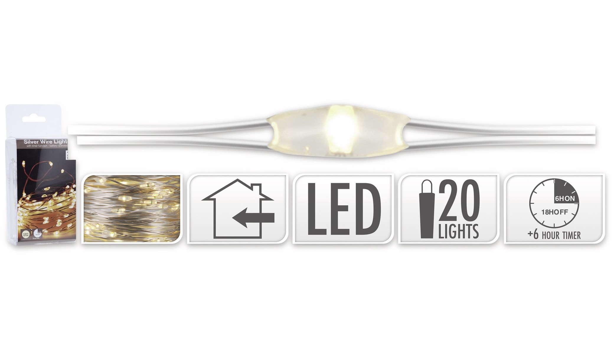 LED-Lichterkette, Silberdraht, 20 LEDs, warmweiß, Batteriebetrieb, Timer