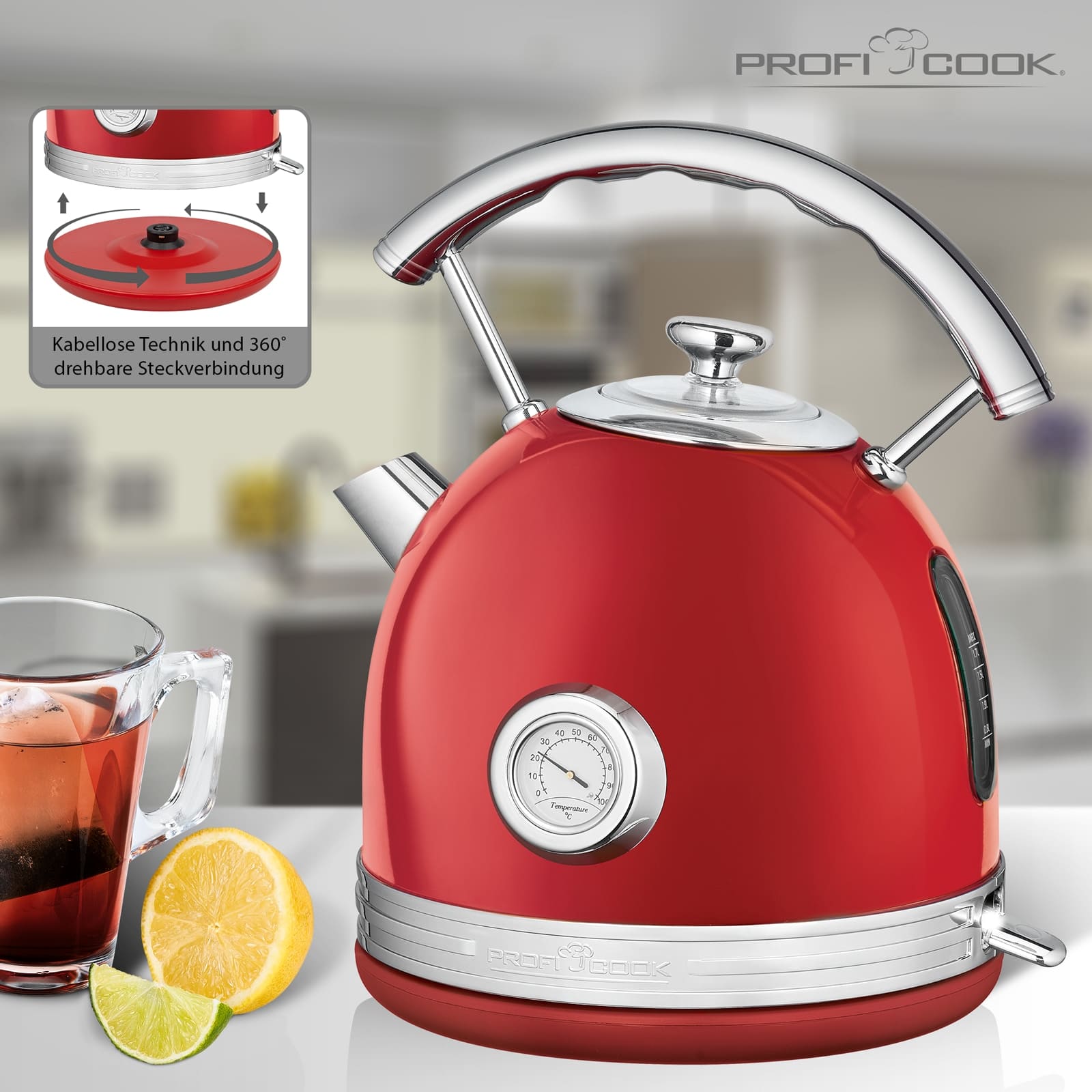 PROFI COOK Wasserkocher PC-WKS 1192, 1,7 L, 2200 W, rot