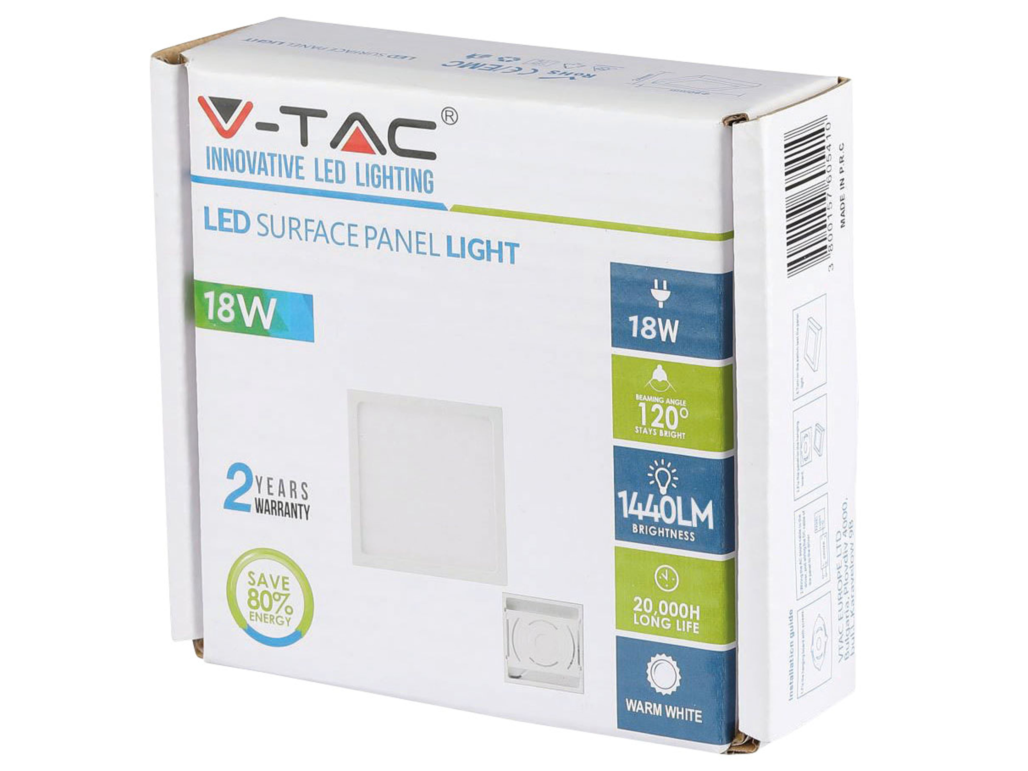 V-TAC LED-Deckenleuchte VT-1805(4919), EEK: G, 18 W, 1440 lm, 3000 K, eckig, weiß