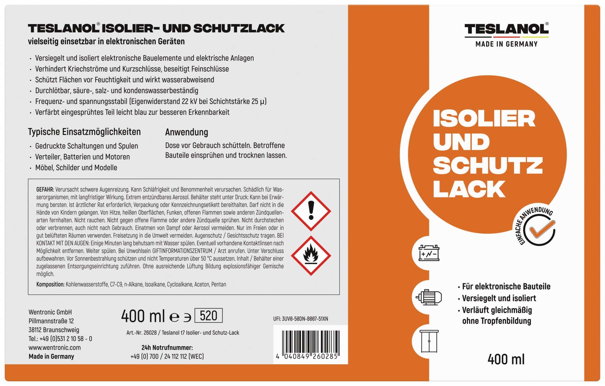 TESLANOL 26028 Isolier- und Schutzlack-Spray T7, 400 ml