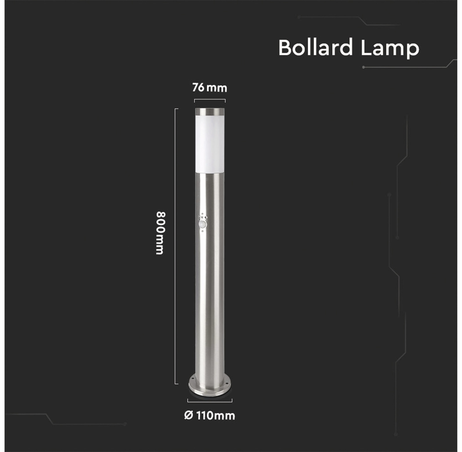 V-TAC Poller-Außenleuchte VT-838, IP44, E27, PIR-Sensor, Edelstahl, 800mm, VT-8960, Nickel-satiniert