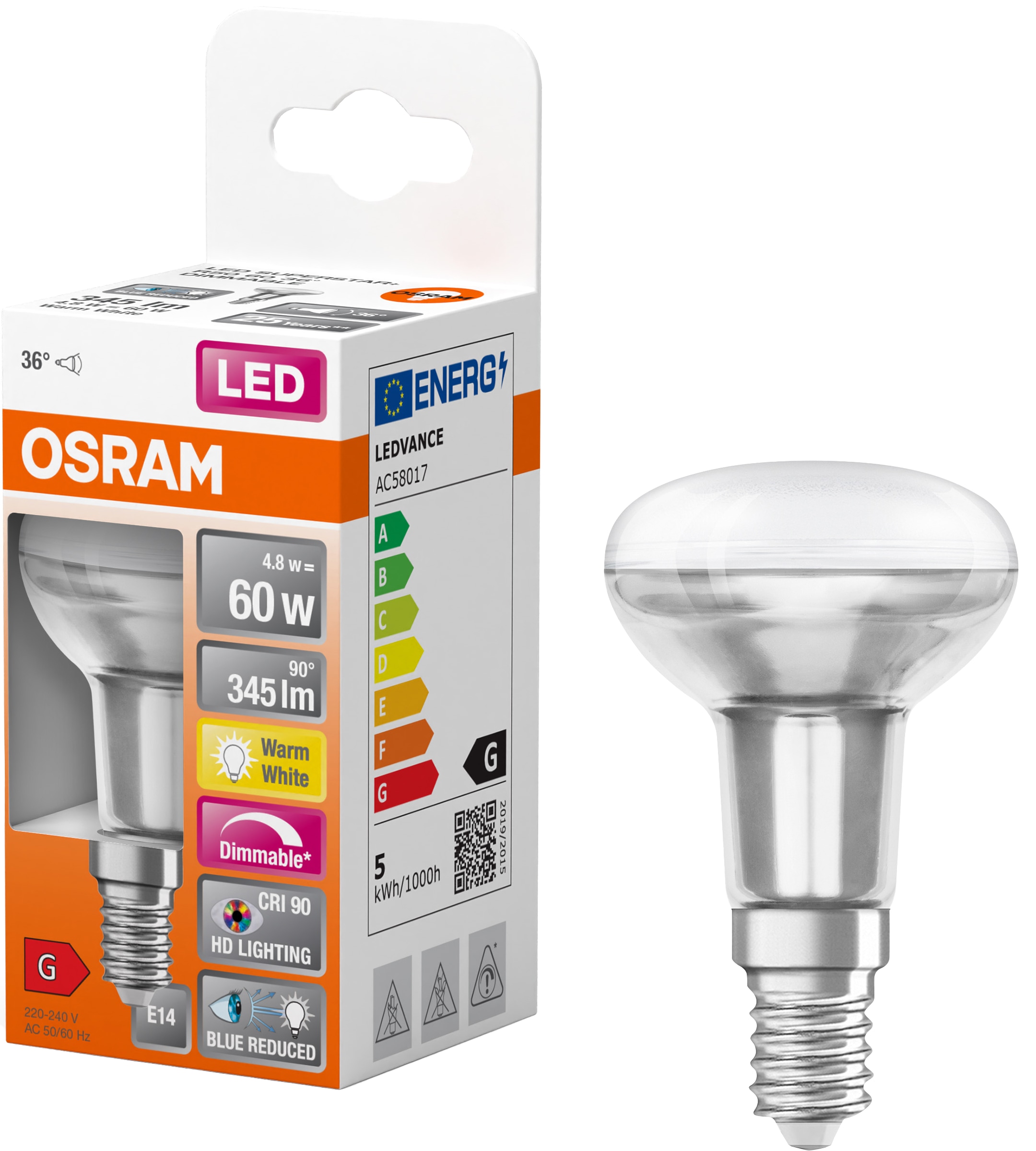OSRAM LED-Reflektorlampe Superstar Plus, R50, E14, EEK: G, 4,8 W, 345 lm, 2700 K