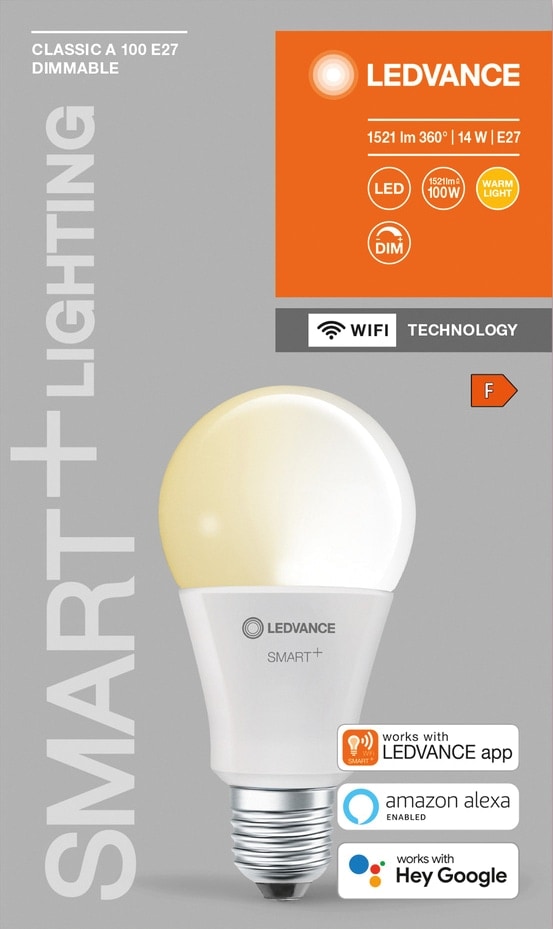 LEDVANCE LED-Lampe SMART+ WiFi Classic, A75, E27, EEK: F, 14 W, 1521 lm, 2700 K, Smart