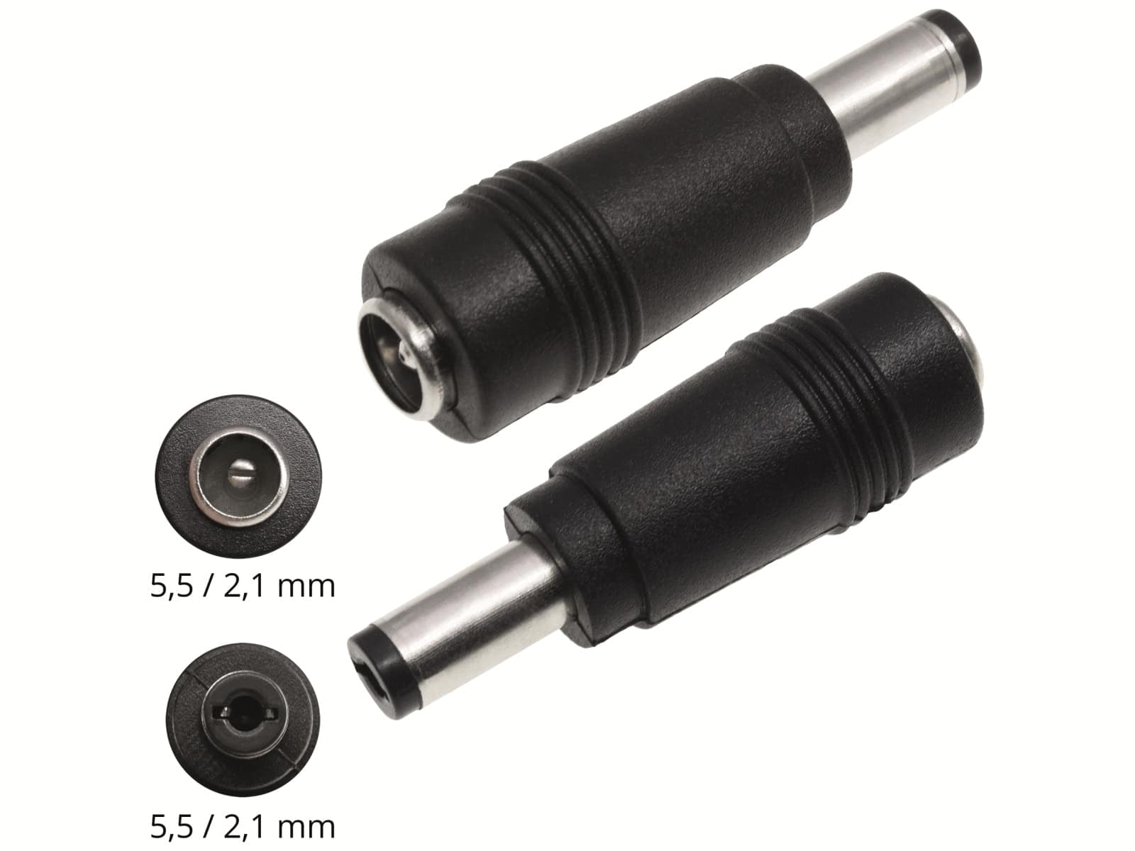 Hohlsteckeradapter, 5,5/2,1 Hohlkupplung auf 5,5/2,1 Hohlstecker mit Feder