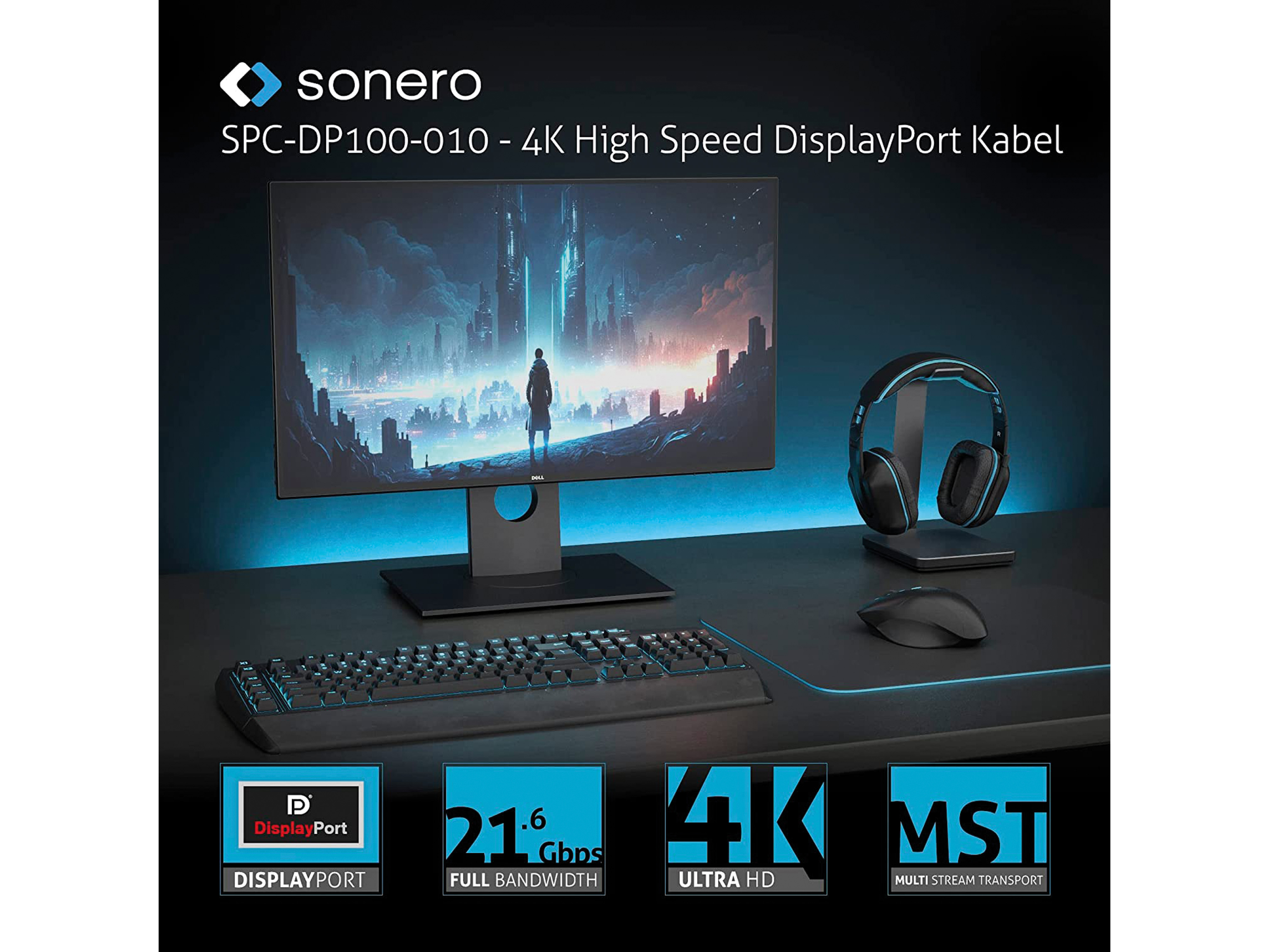 SONERO DisplayPort-Kabel, Stecker/Stecker, 4K60, grau/schwarz, 2 m