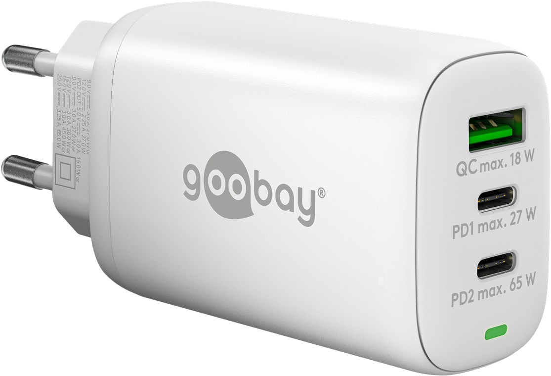 GOOBAY USB-Lader 61759, 3-fach, 3 A, 65 W, 2x USB-C PD, 1x USB-A QC, weiß