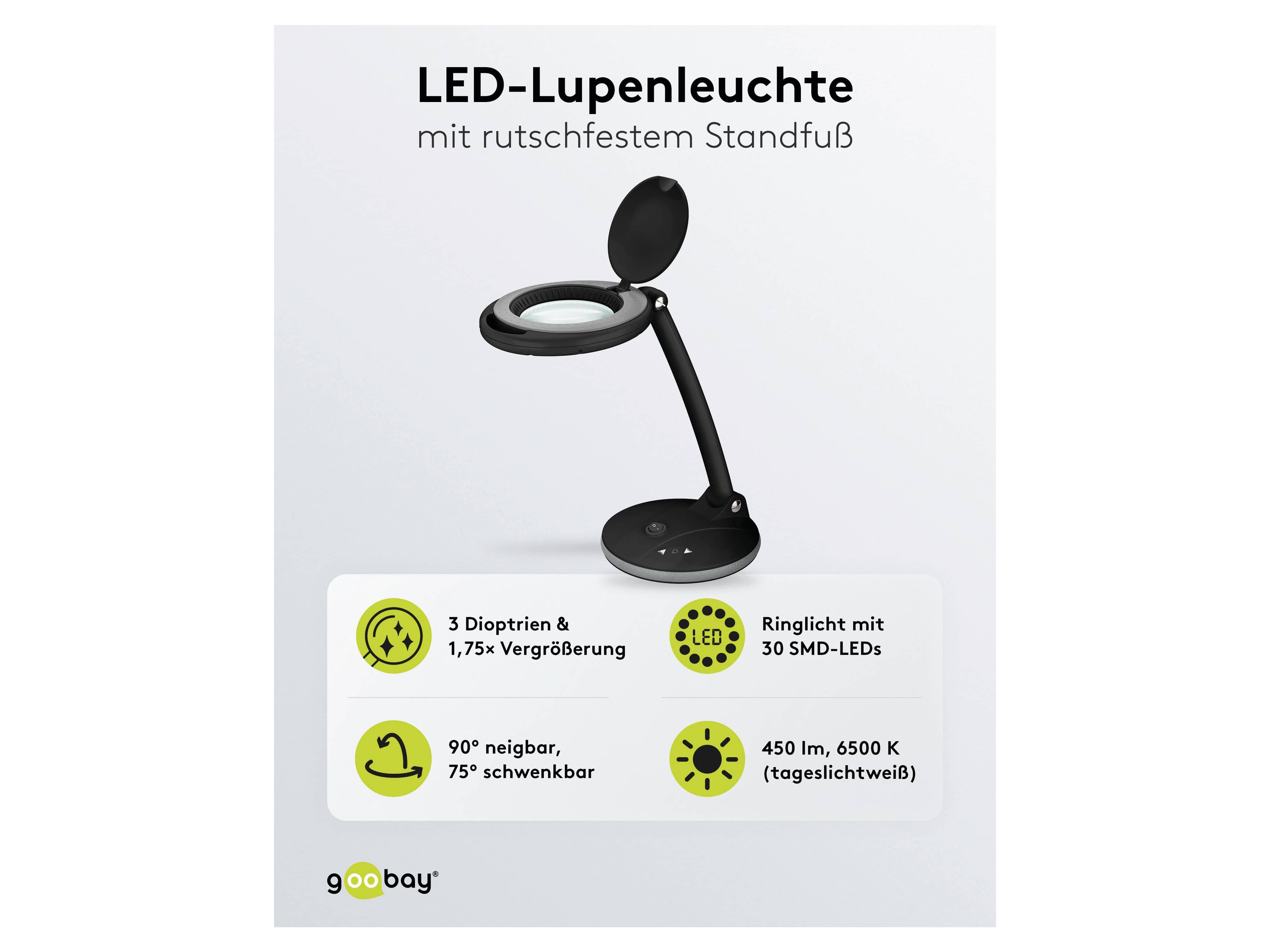 GOOBAY LED-Stand-Lupenleuchte, 6 W, 450 lm, dimmbar, schwarz