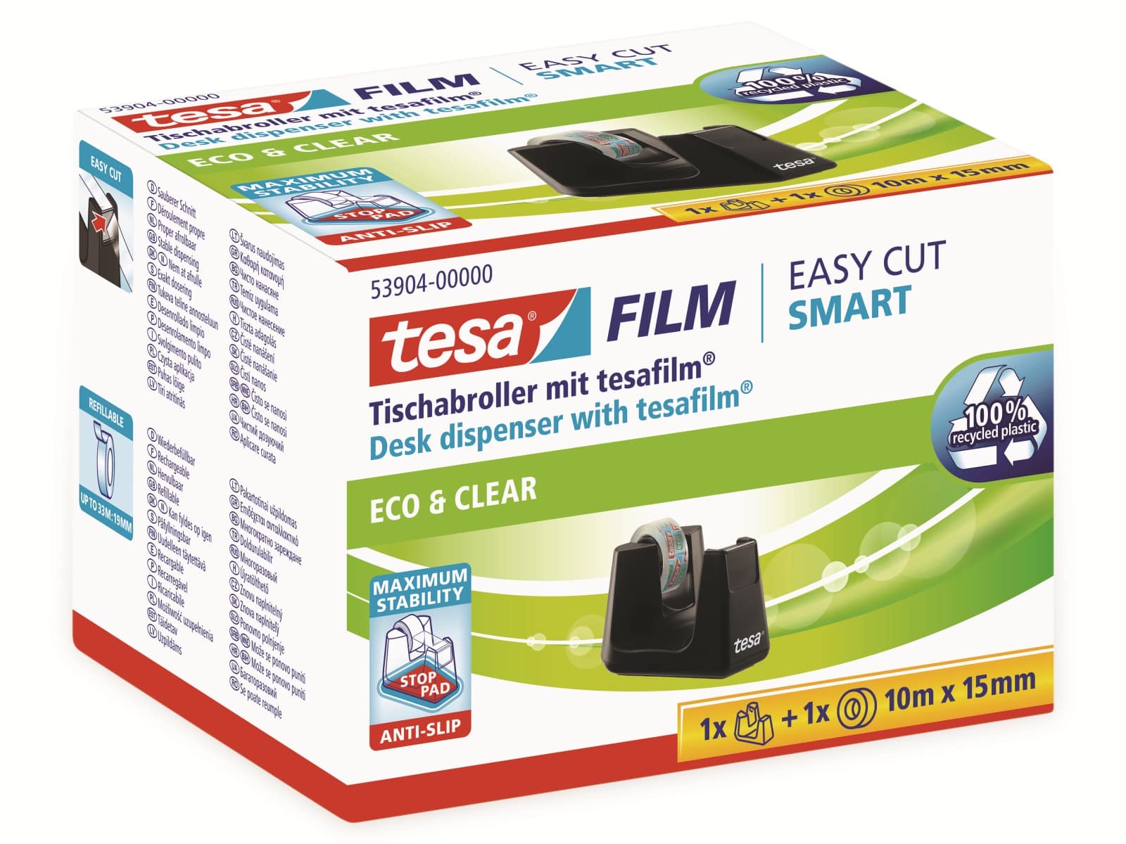 TESA film® Tischabroller Smart + film® eco&clear, 1 Rolle 10m:15mm, 53904-00000-01