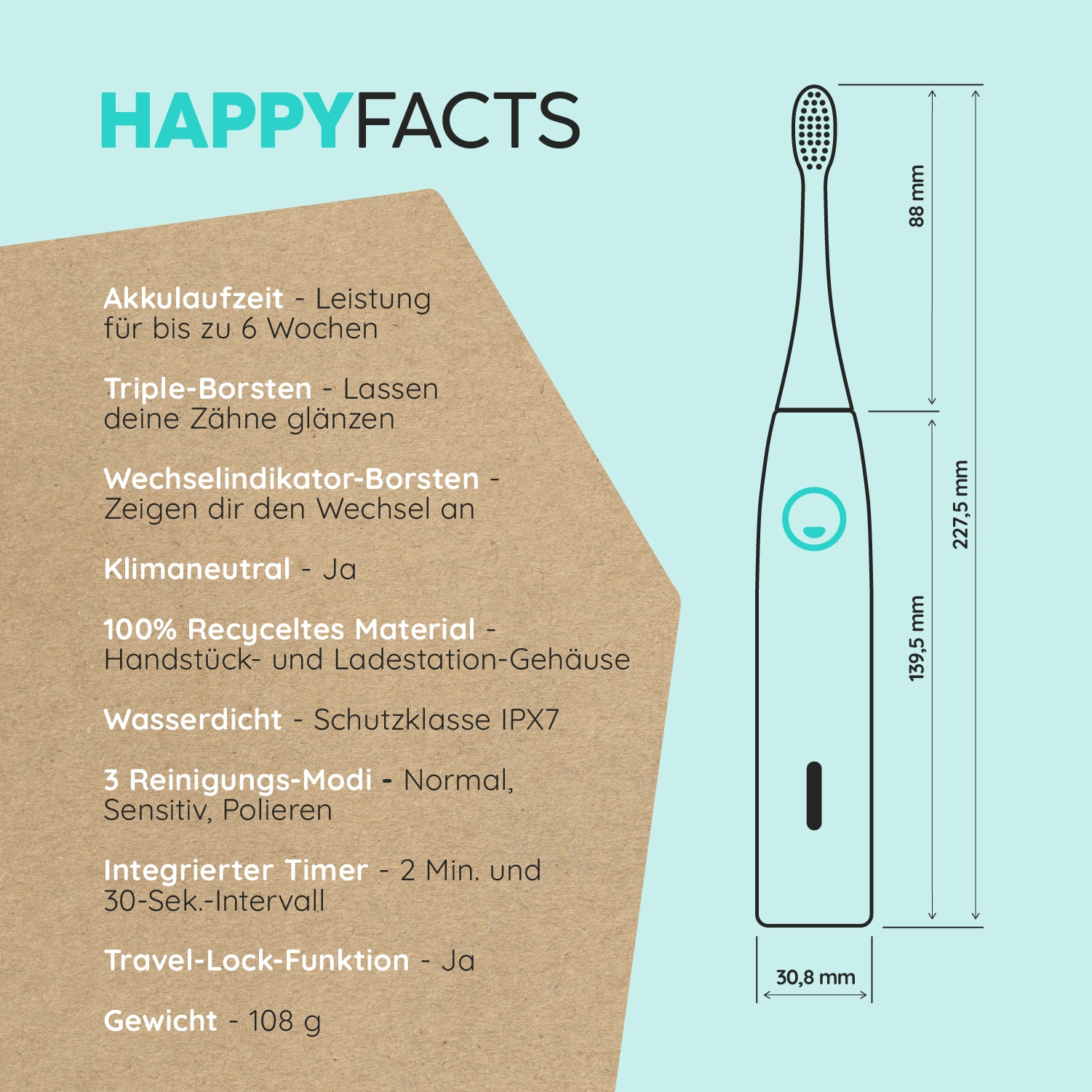 HAPPYBRUSH Elektrische Zahnbürste ECO VIBE 3, Starterkit Ocean