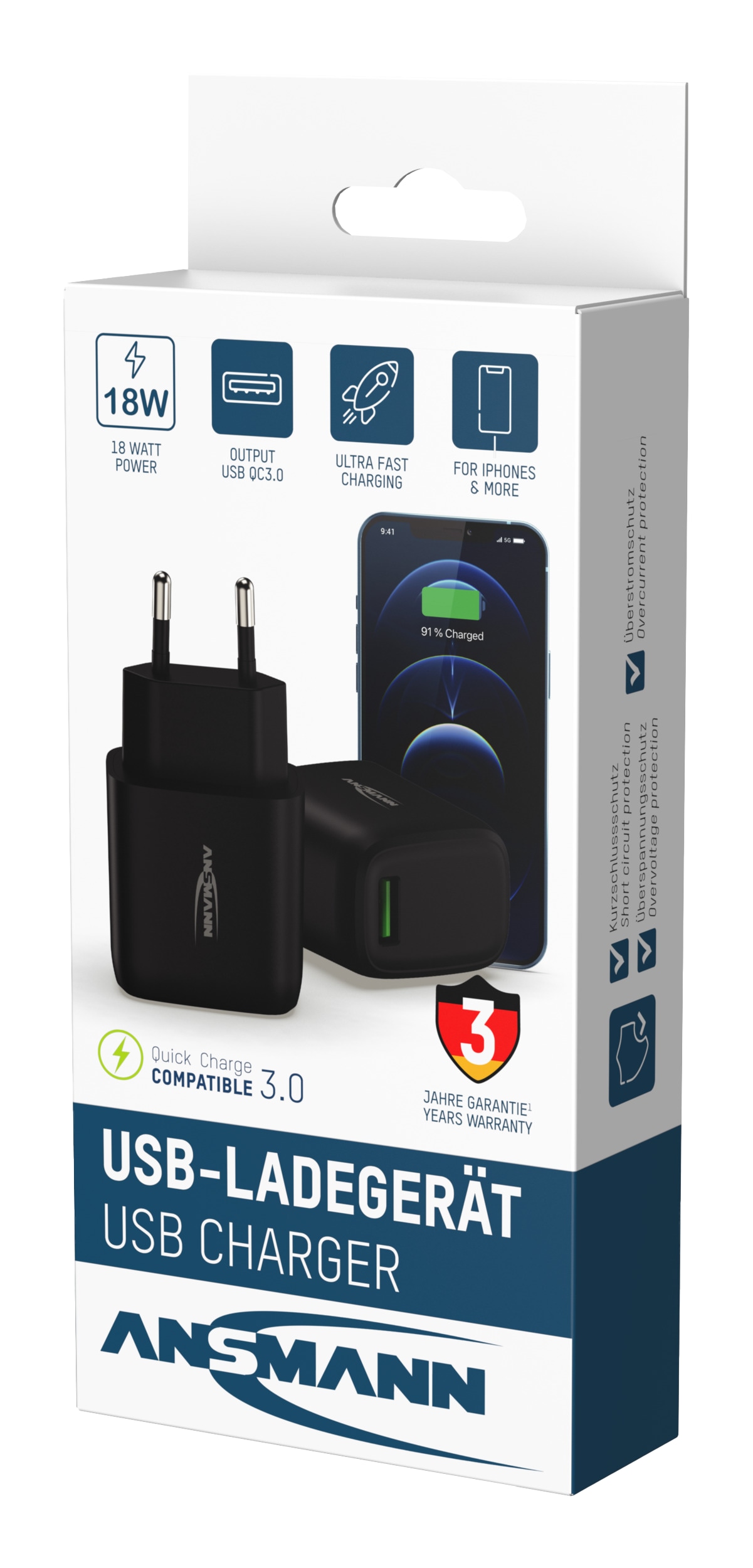 ANSMANN USB -Ladegerät Home Charger ,HC118QC /3 A/18 W/1 Port, schwarz