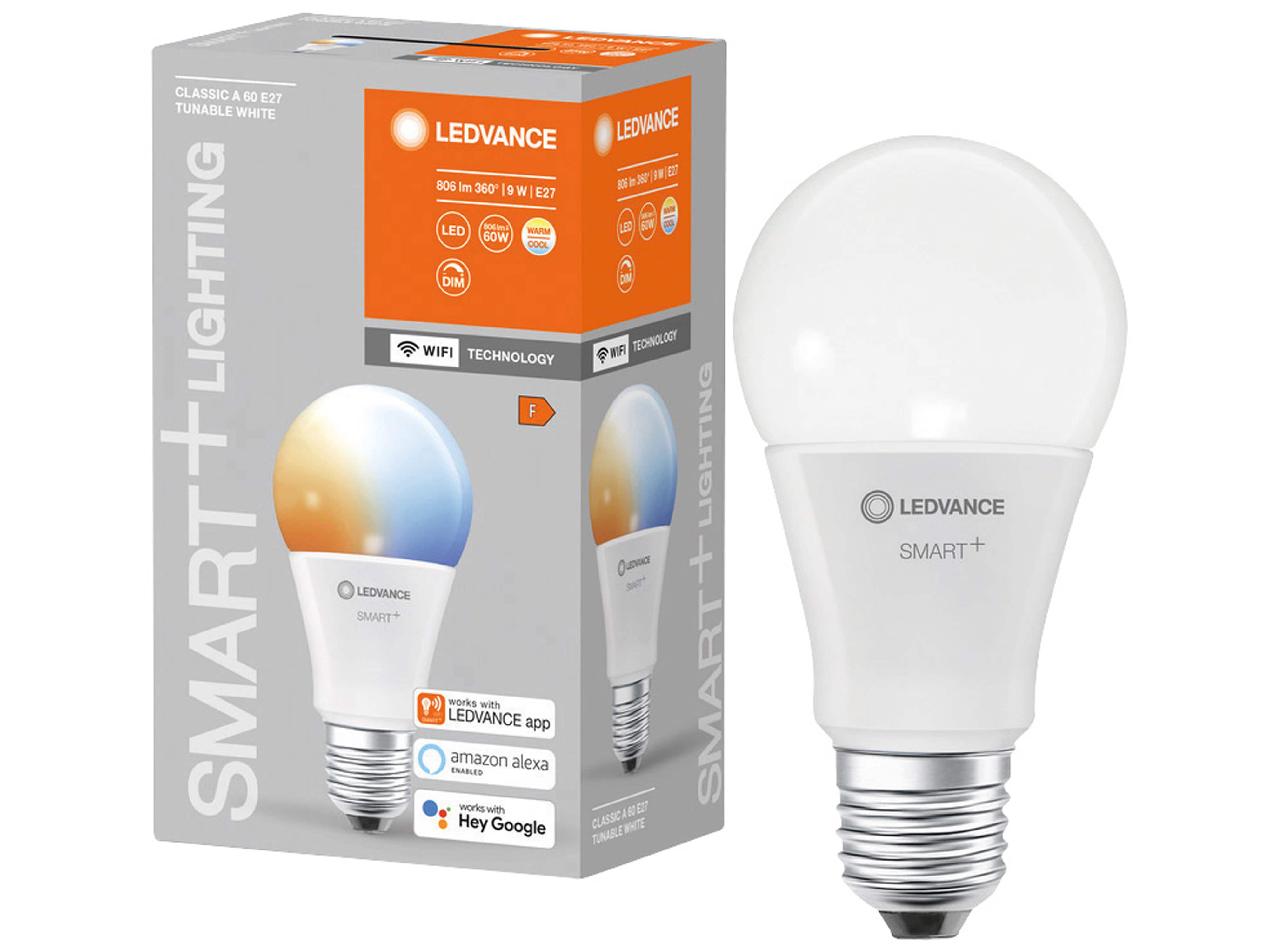 LEDVANCE LED-Lampe SMART+ WiFi Classic, A60, E27, EEK: F, 9 W, 806 lm, 2700…6500 K, Smart